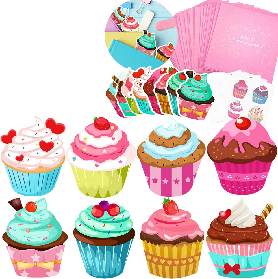 Cupcake Valentines day cards & envelopes w/ kids tattoos bookmarks