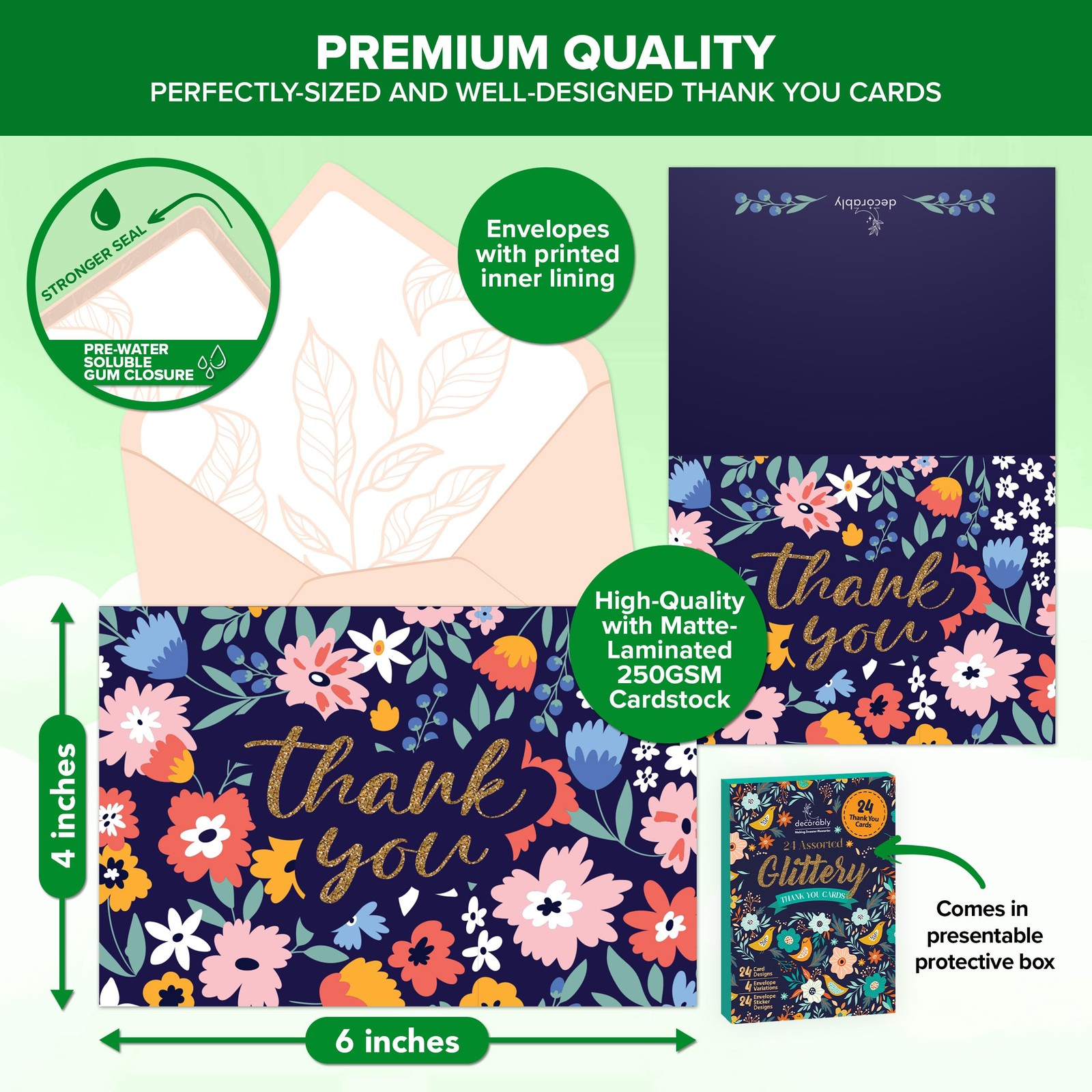 Decorably 24 Pack Glittery 6x4in Assorted Thank You Cards 6×4 inches, Glitter