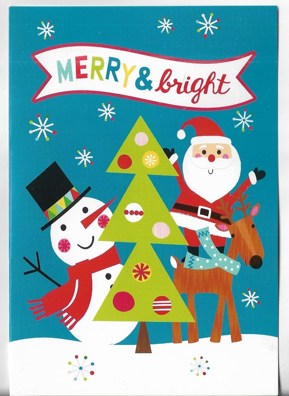 NEW CHRISTMAS CARD 4.5×6.5 Merry & Bright! Santa Standing on Reindeer Snowman