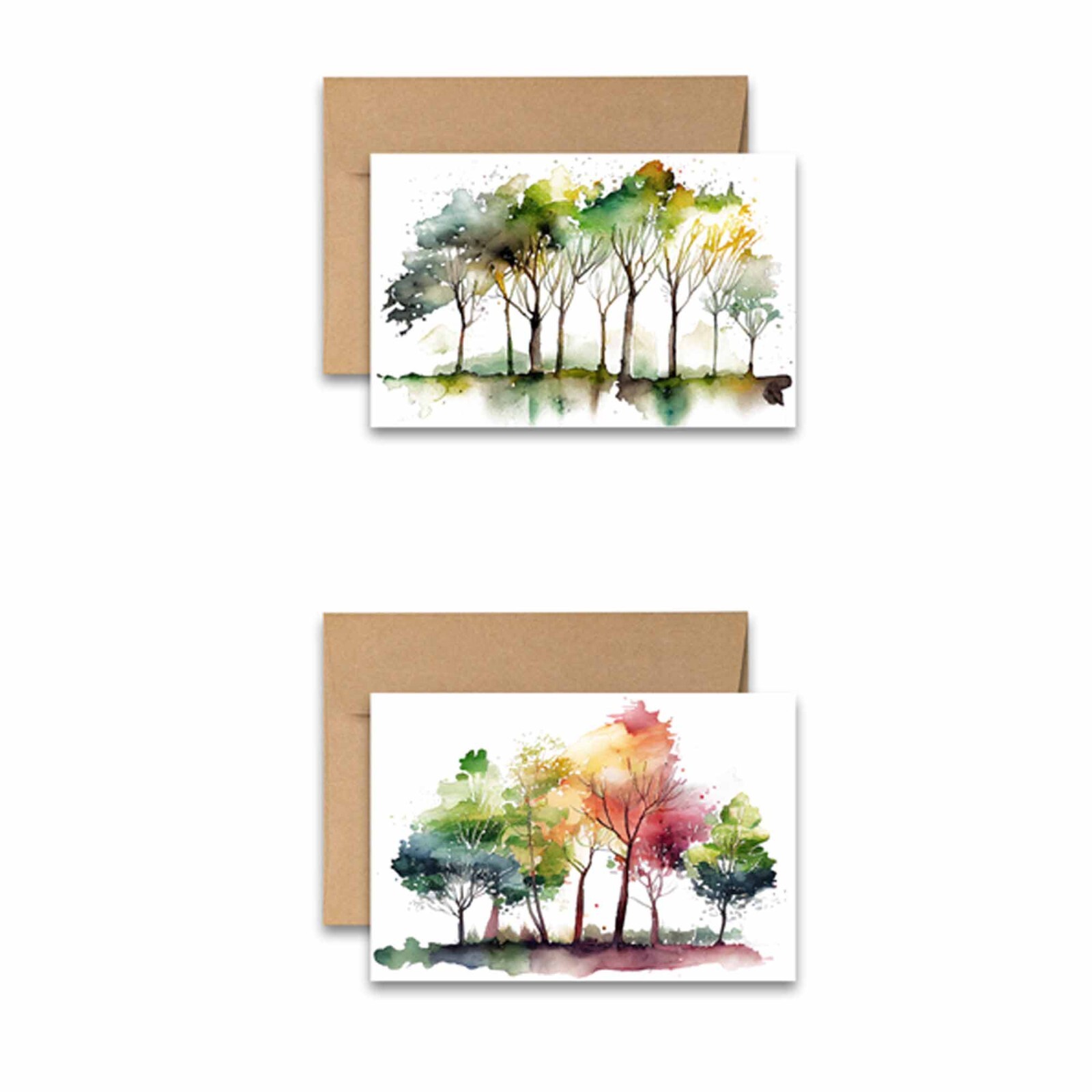 12 Flat Notecards with Envelopes Cute Stationery Watercolor Trees – 2 of each