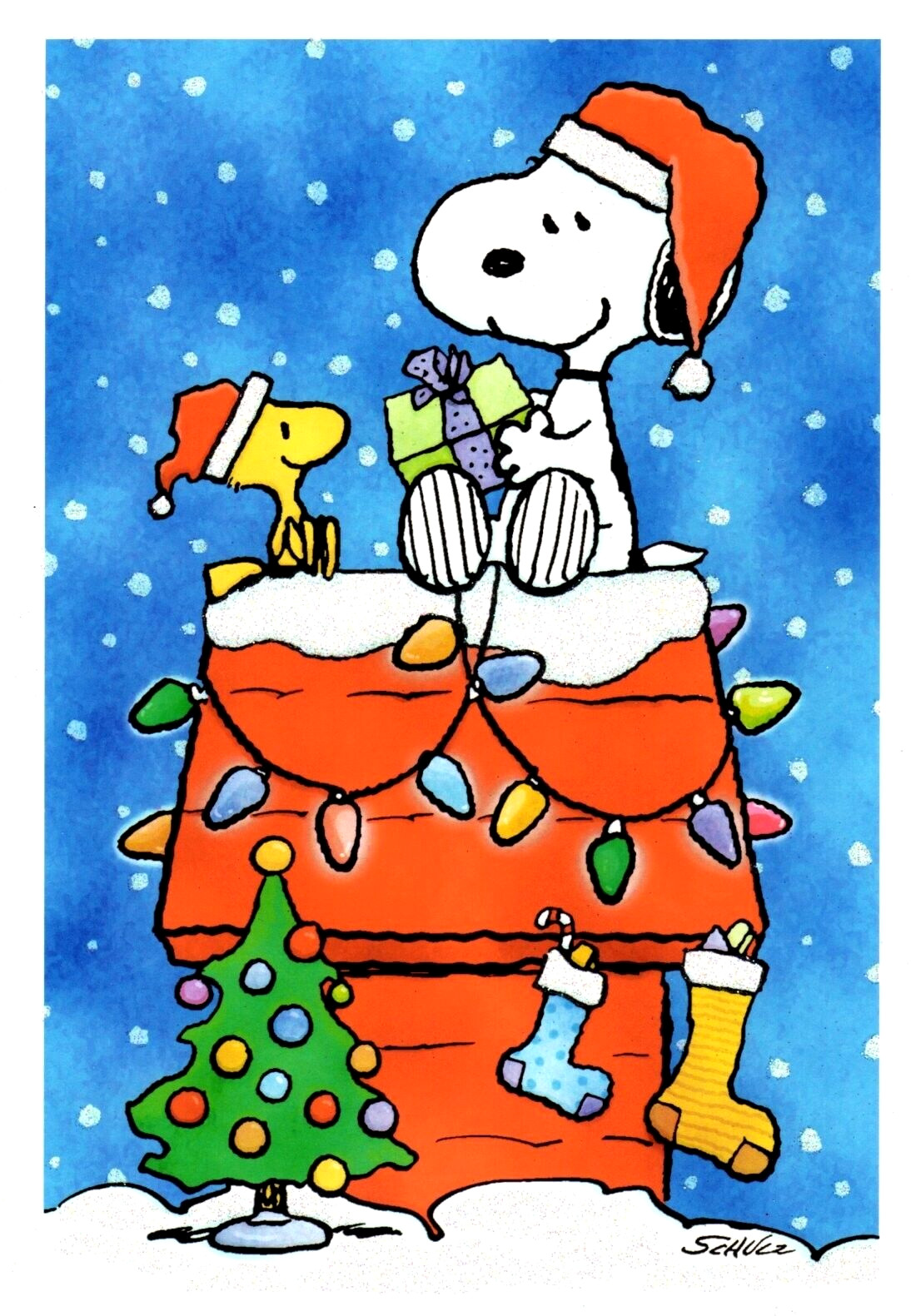 Peanuts Snoopy & Woodstock Dog House Merry Christmas Gift Presents Hallmark Card