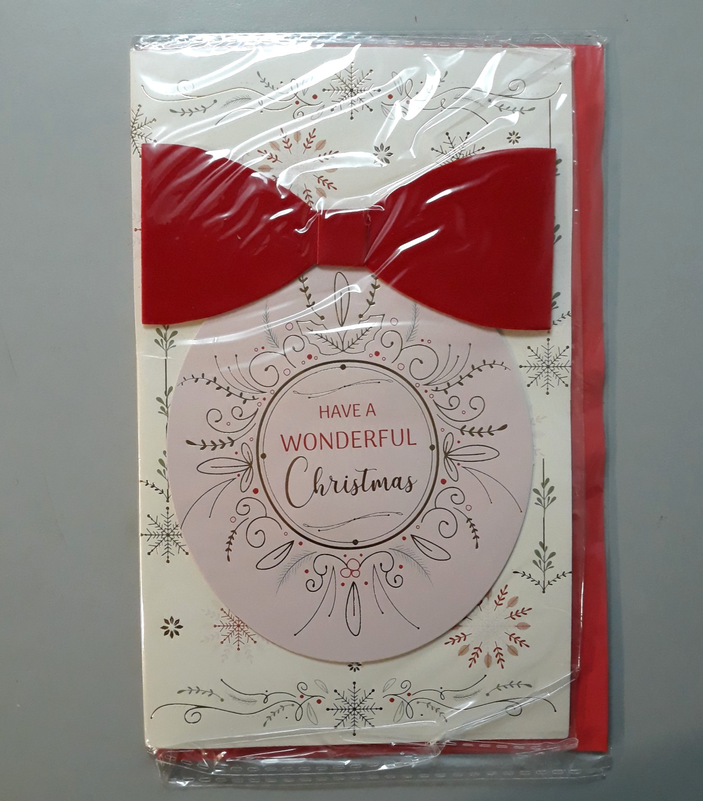 Greeting Card & Envelope Have a Wonderful Christmas Snowflakes Red Bow Voila
