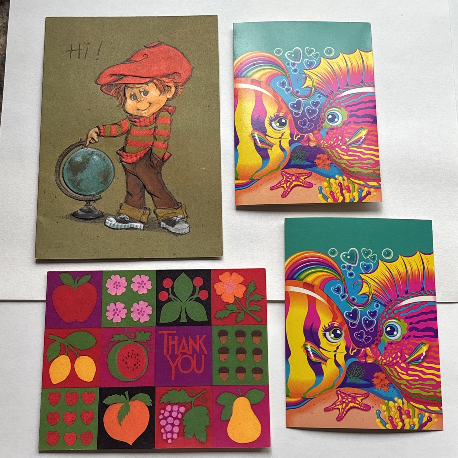4 Vintage Greeting Cards Pop Art Skippy Boho Boy, Kissing Fish Lisa Frank 1990