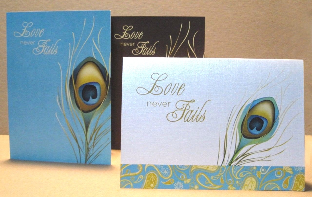Love Never Fails Note Card Peacock Feather Wedding Anniversary Sorry~ Set of 3