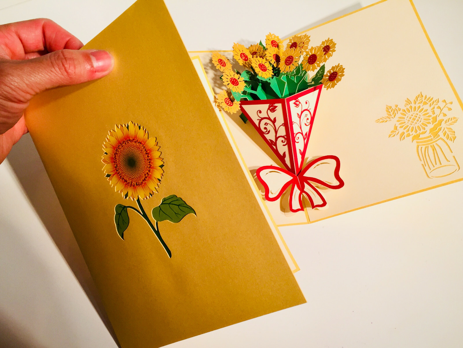 Origami Pop Cards Golden Sunflower Bouquet Wrap 3D Pop Up Greeting Card Birthday