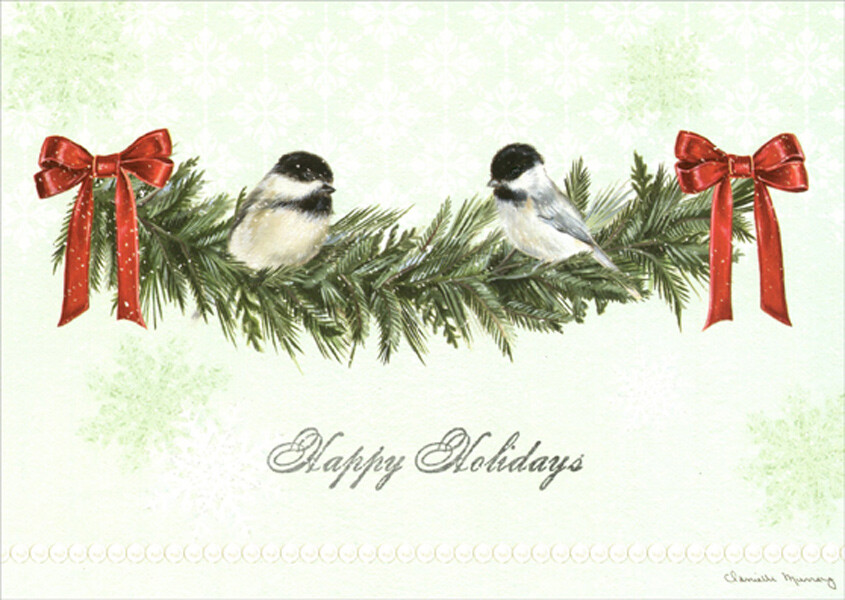 LPG Greetings Two Chickadees Perched on Evergreen Branch Christmas Card