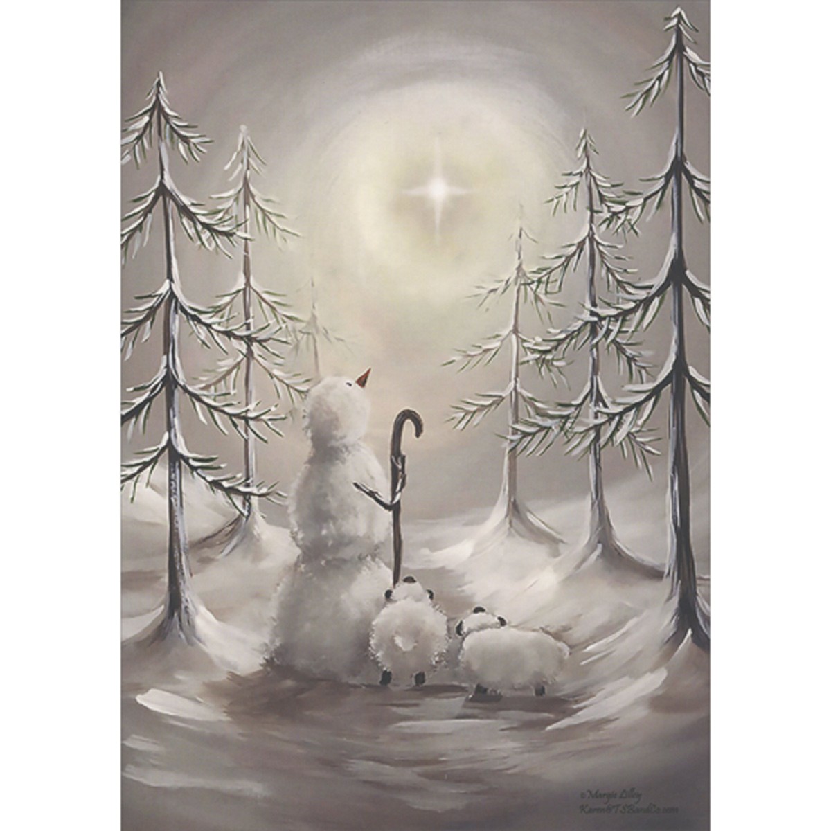 Snowman Shepherd and Sheep Gazing Up at Star Box of 16 Christmas Cards