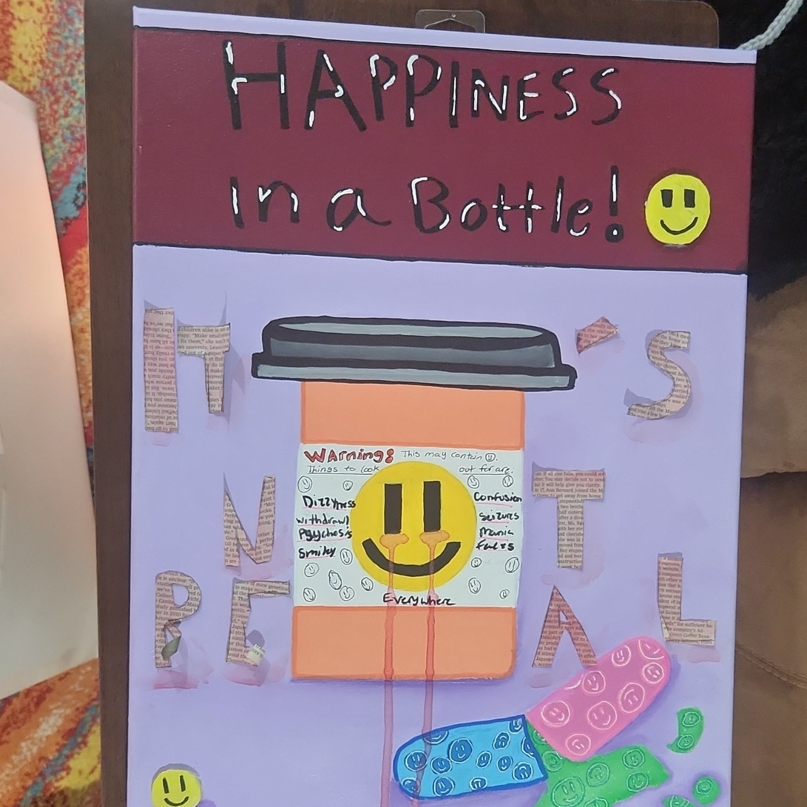 Folded Humor Greeting Card “Happiness in a Bottle!” Smiley Pattern, Multicolor