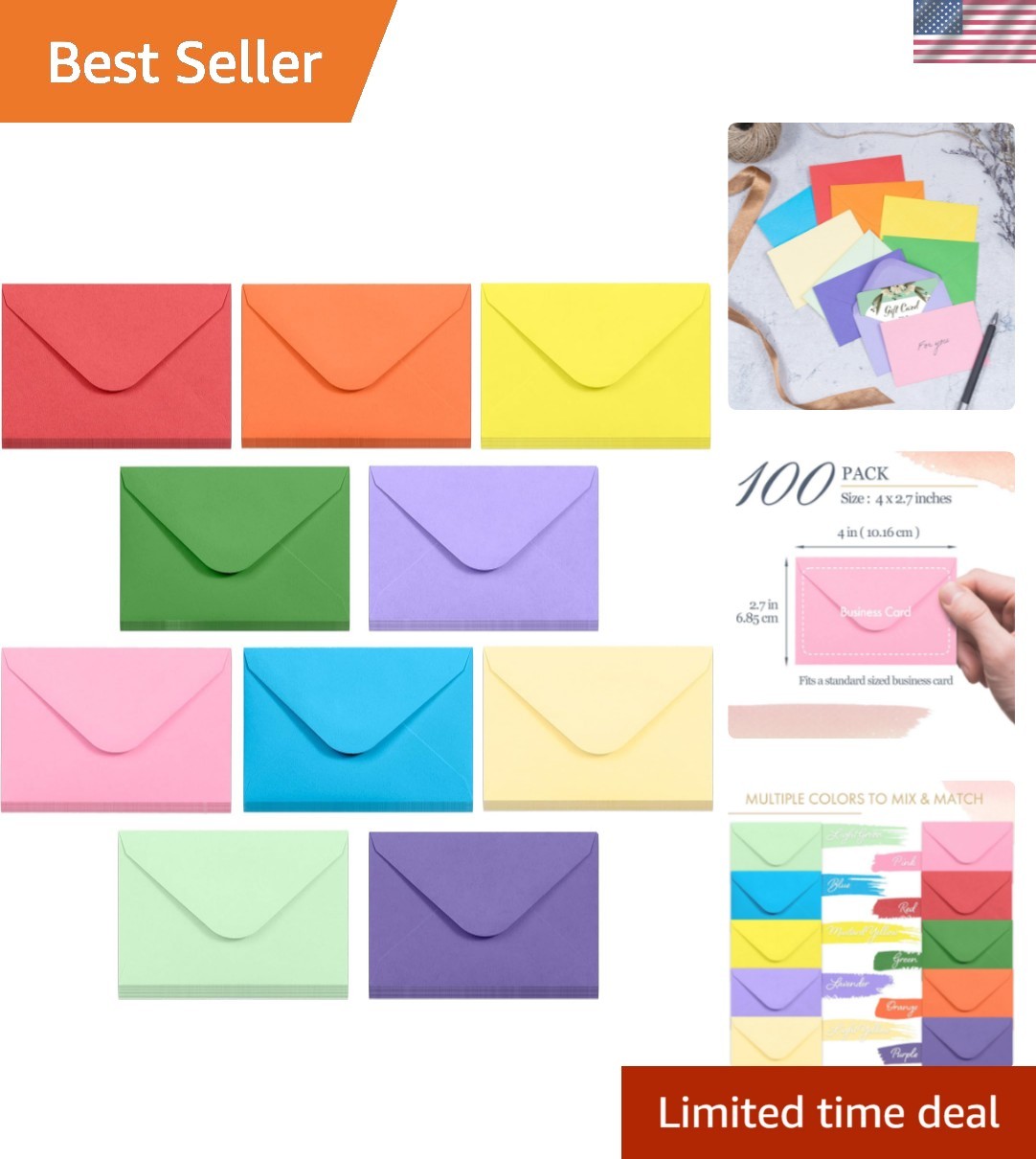 Elegant 100-Count Mini Envelopes for Gift Cards – 10 Colors, Easy Gummed Closure