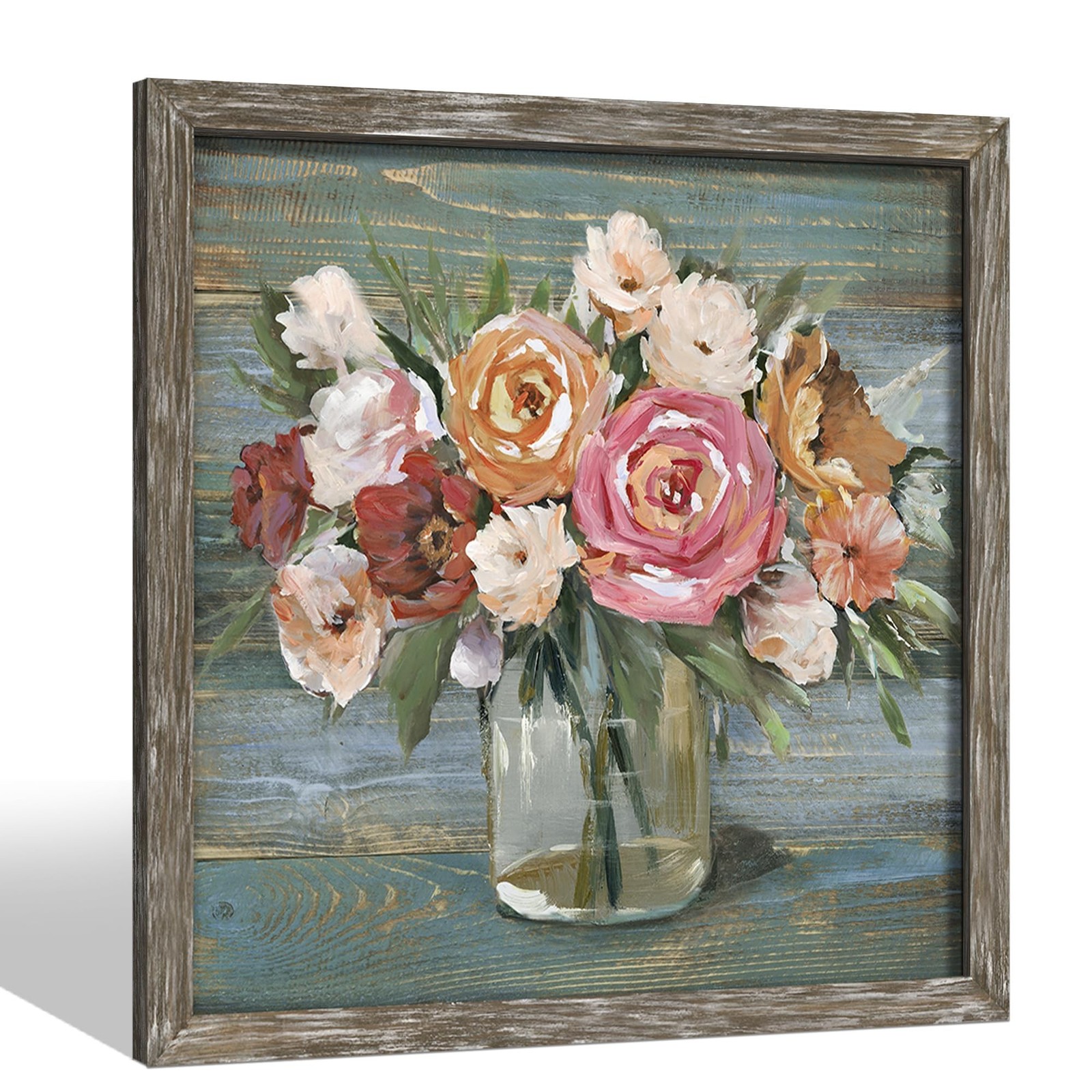 Abstract Flower Wooden Wall Art: Vintage Bouquet in Vase Painting Blossom Flo…