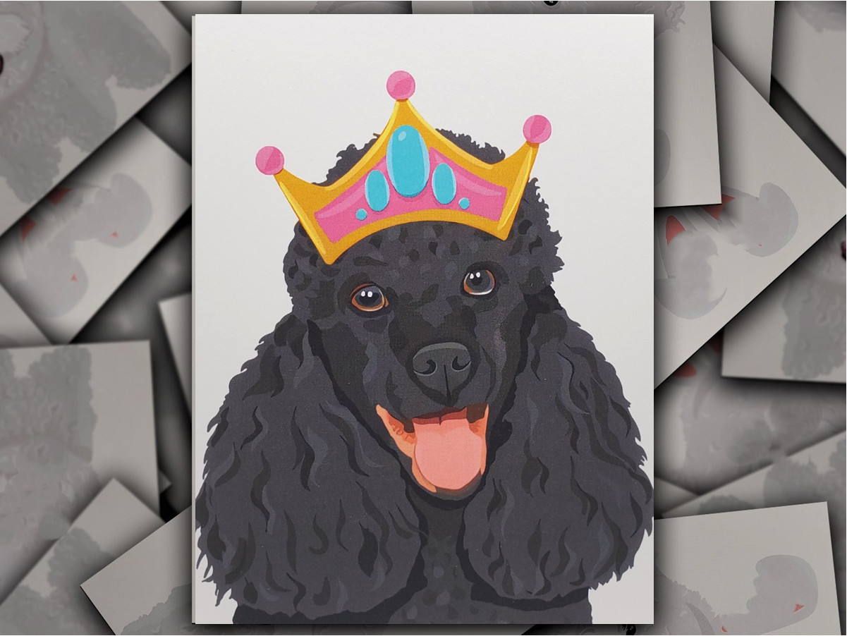 Princess Poodle black dog greeting card birthday, thank you, invitation