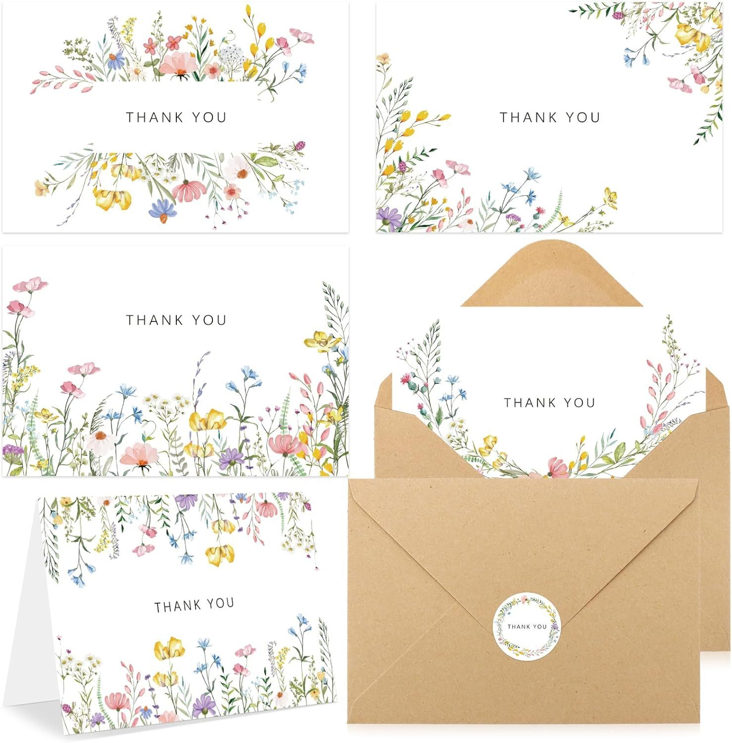 50 Packs Floral Thank You Cards with Envelopes & Stickers 4X6 in Wildflower