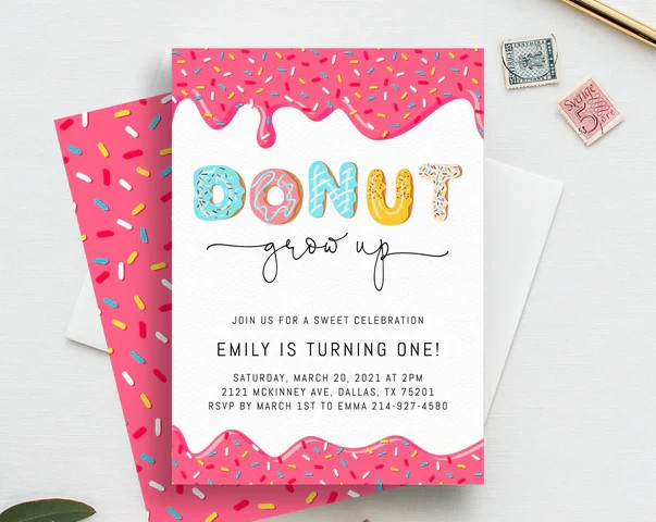 Digital Donut Sweet Birthday Party Invitation Personalized Texts 1