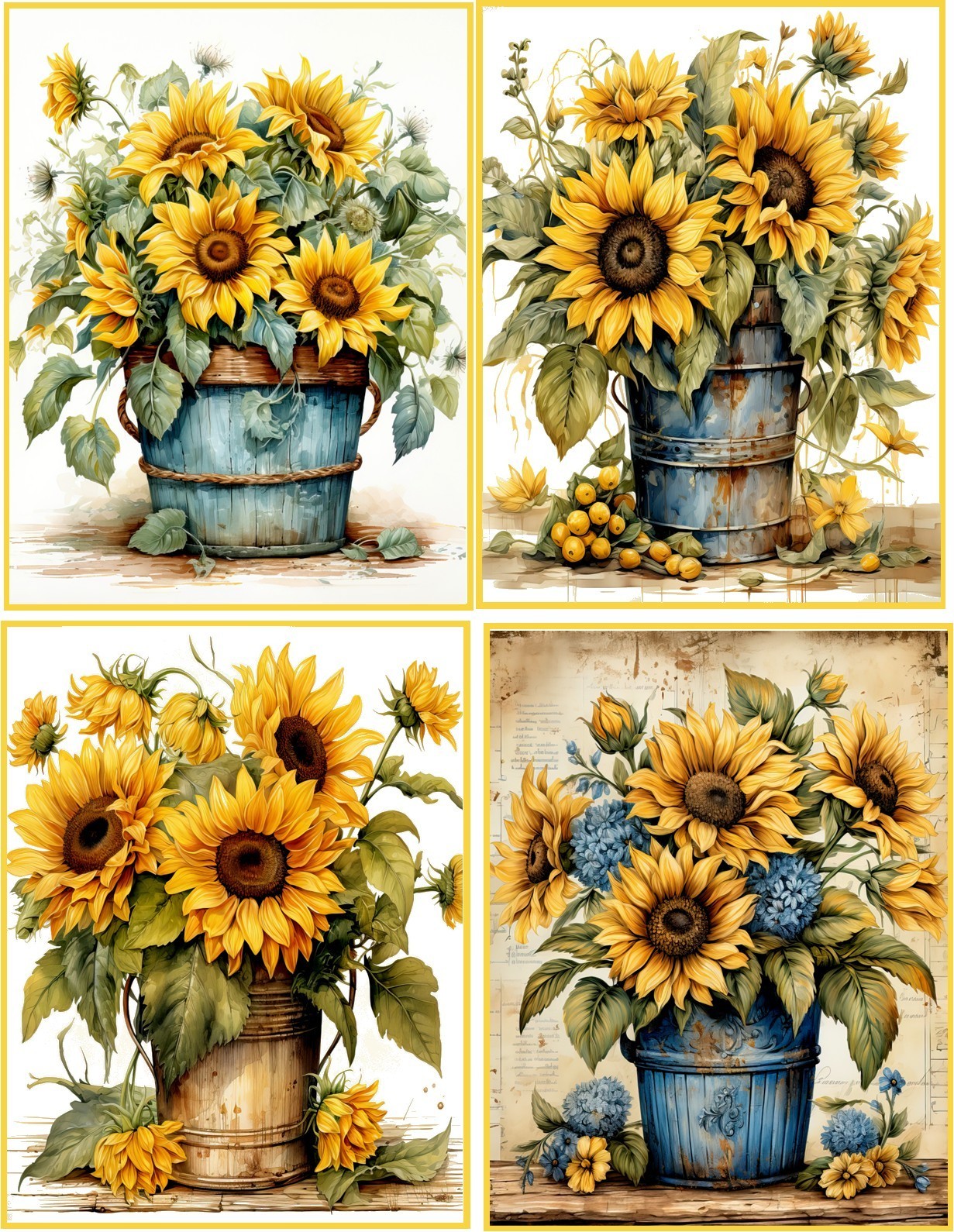8 Sunflowers in Pots glossy blank fold out Note Cards with envelopes organza bag