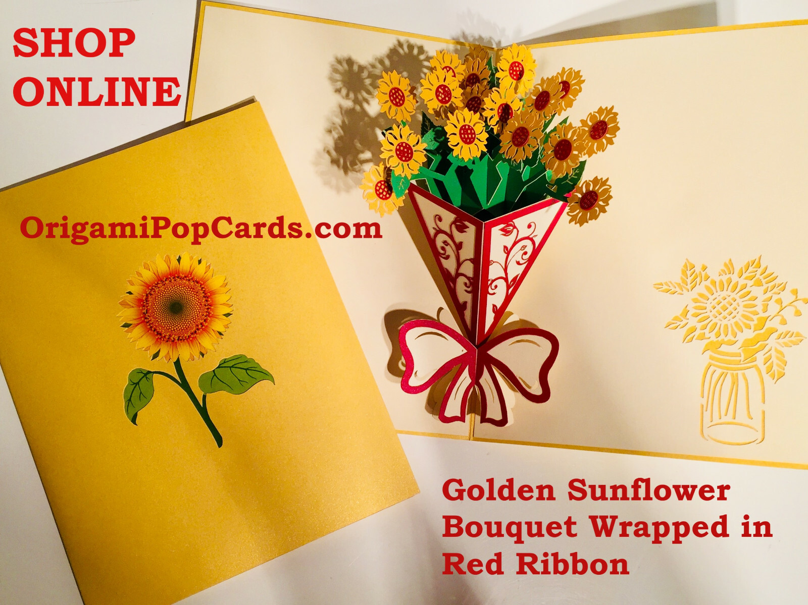 Origami Pop Cards Golden Sunflower Bouquet Wrap 3D Pop Up Greeting Card Birthday