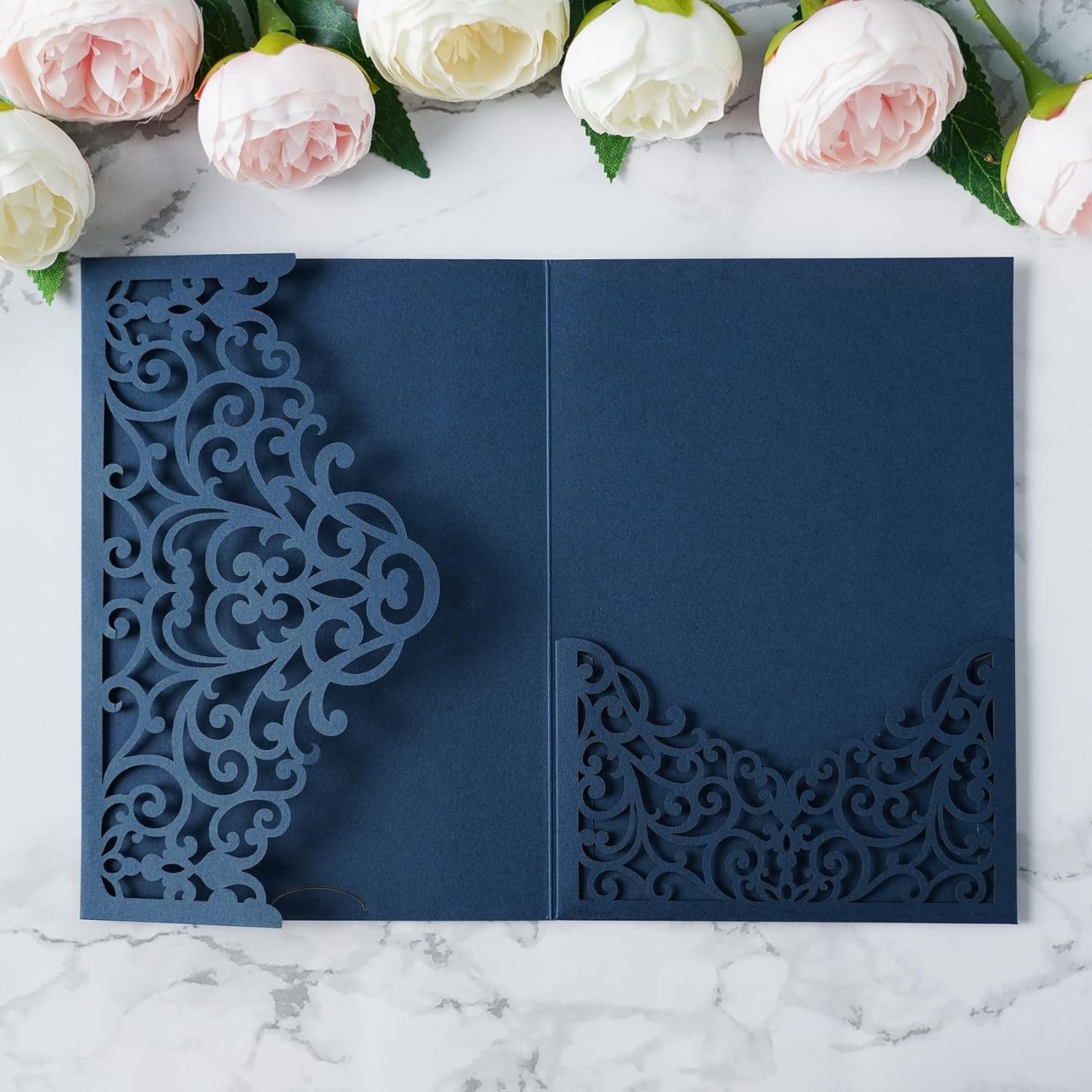 20PCS Navy Blue Laser Cut Wedding Invitations Pockets Tri-fold 5×7 Laser Cut …