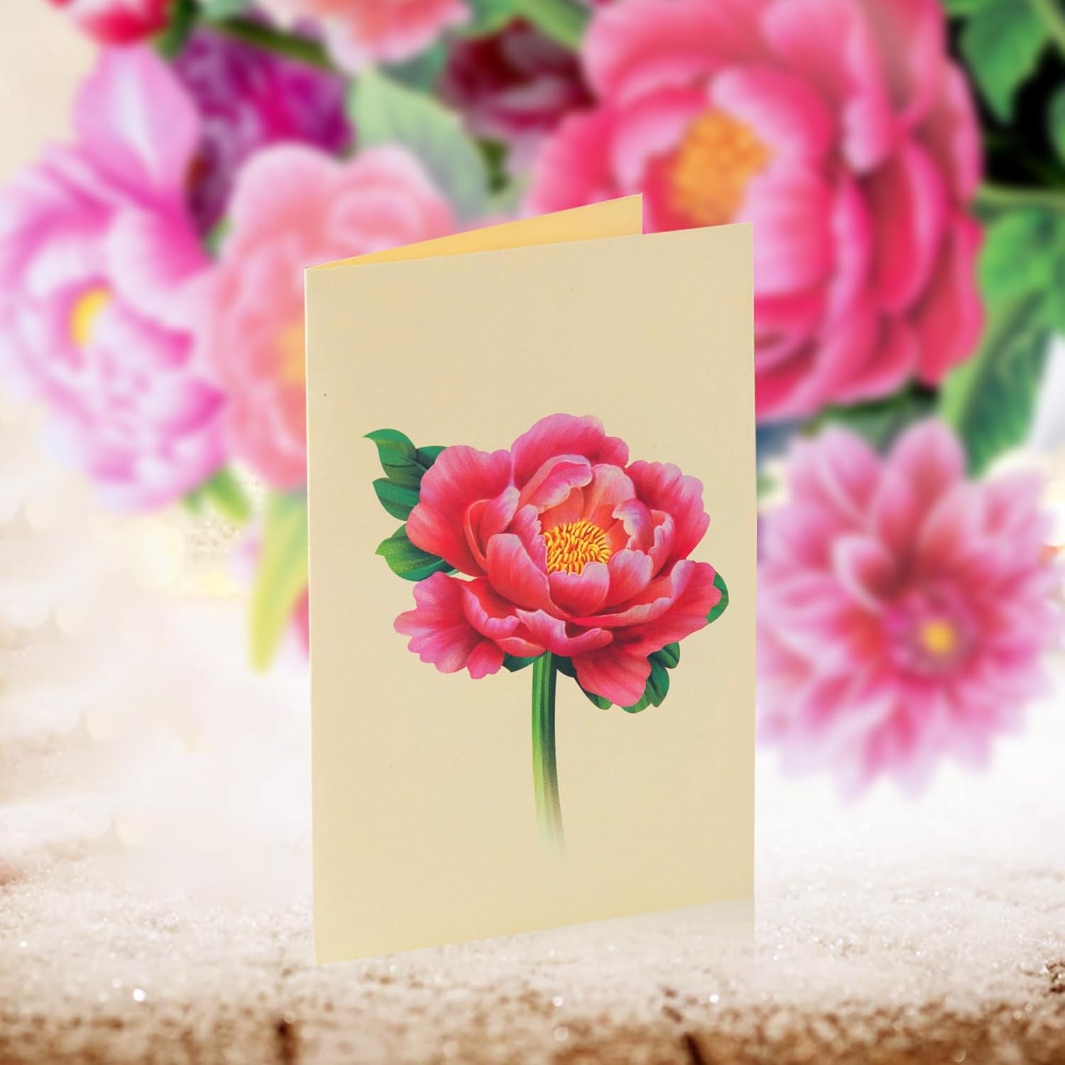 Pop Up Flower Card 3D Paper Peony Bouquet Birthday Thank You Get Well w Envelope