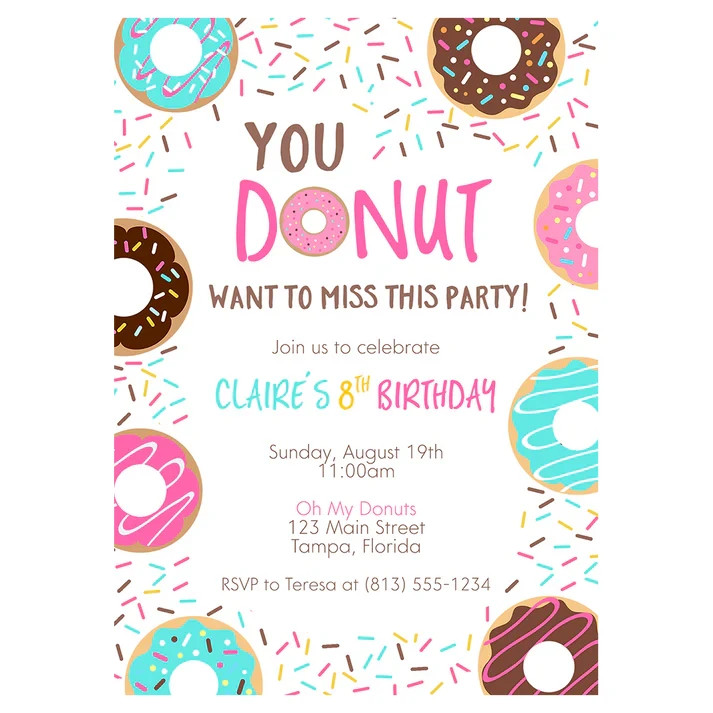 Digital Donut Sweet Birthday Party Invitation Personalized Texts 1