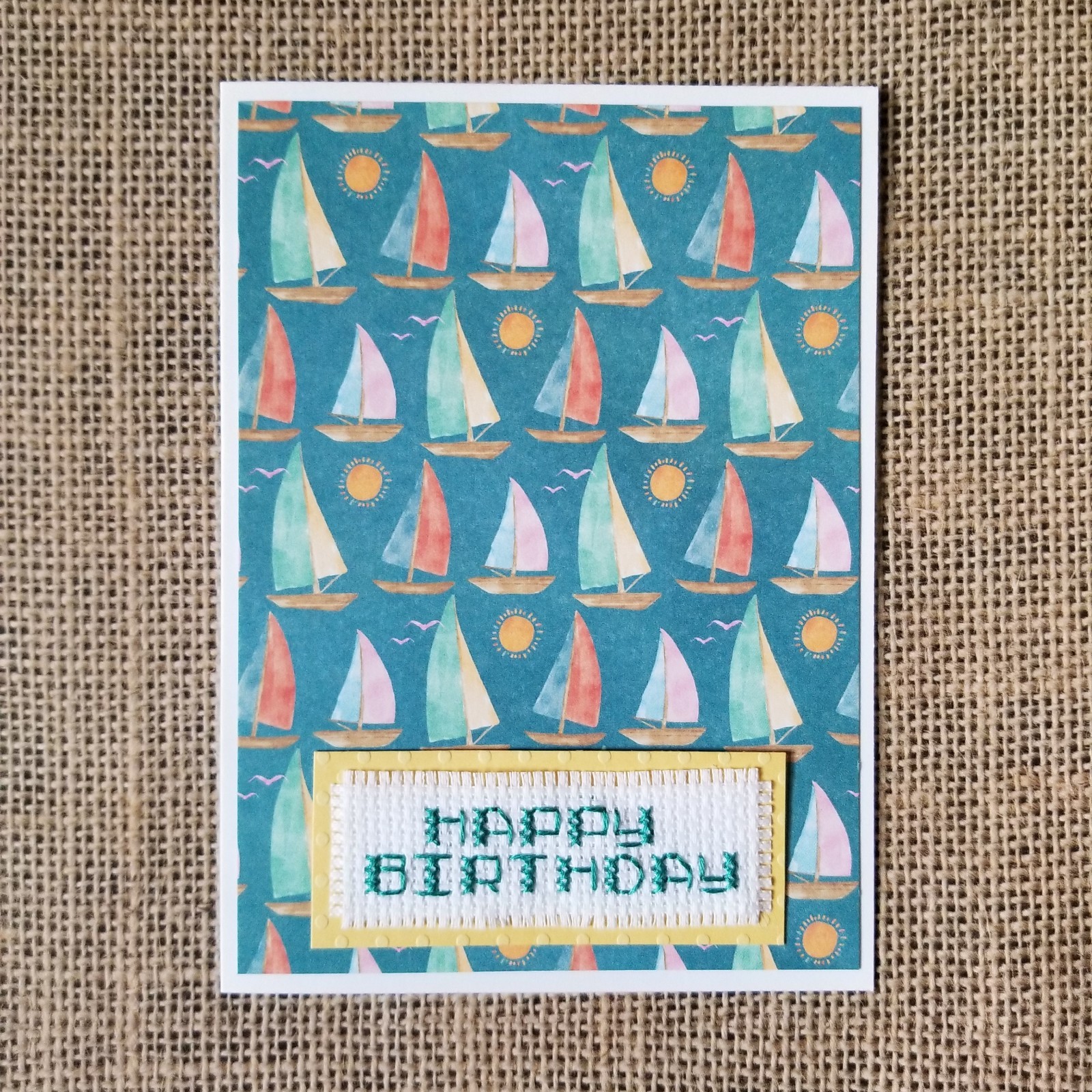 Finished Completed Cross Stitch Happy Birthday Sailboat Blank Note Greeting Card