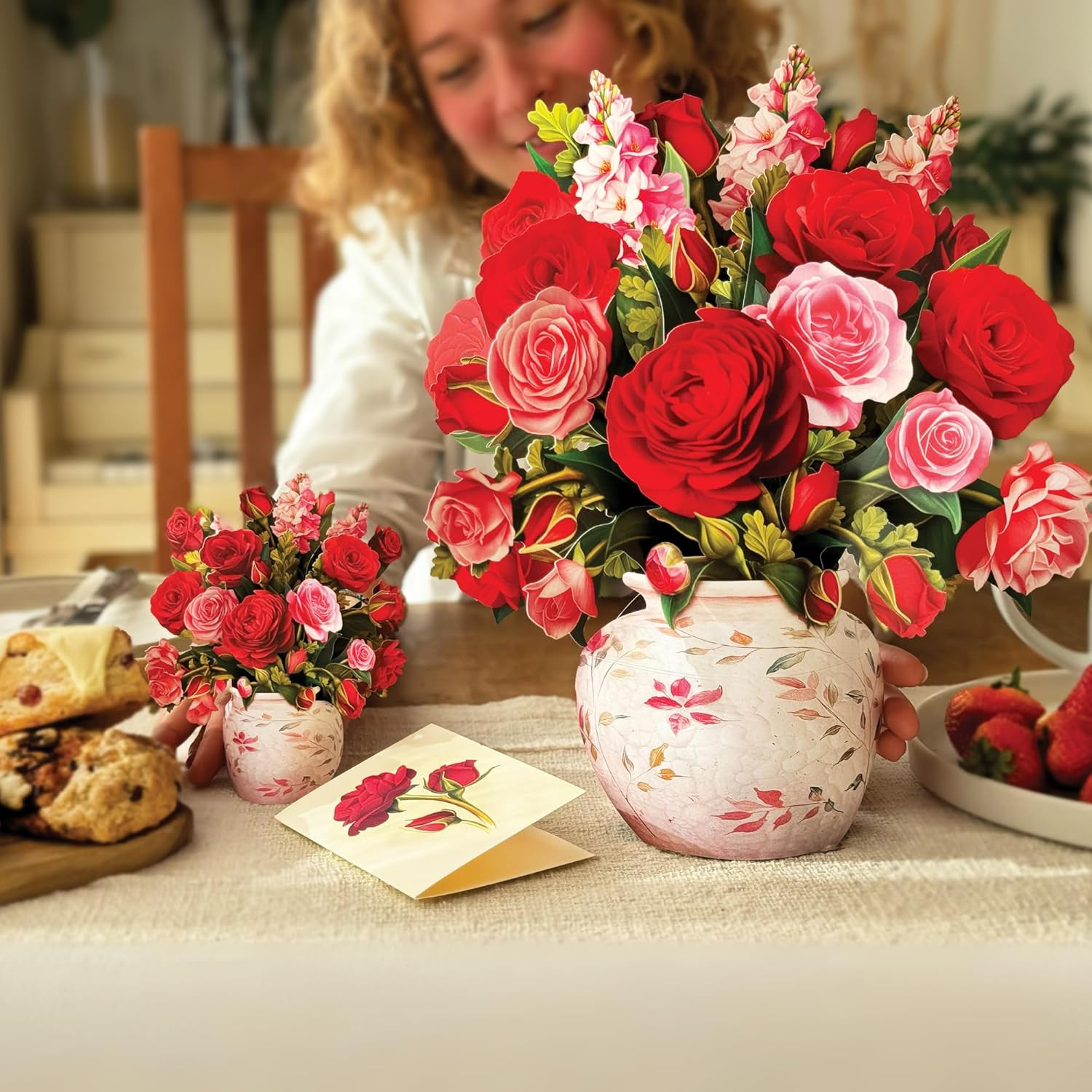 Blooming Roses Pop-Up Card, 12” Life-Size Paper Flower Bouquet, Valentine’s Day