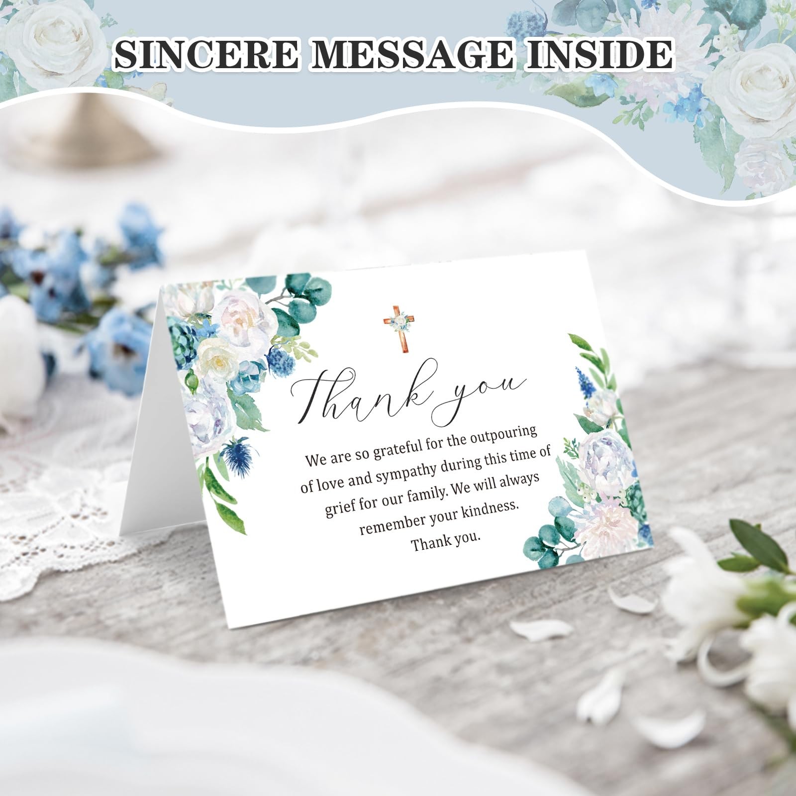 BYBOUS 25 Pack Funeral Thank You Cards with Envelopes 4 x 6 inches, Blue