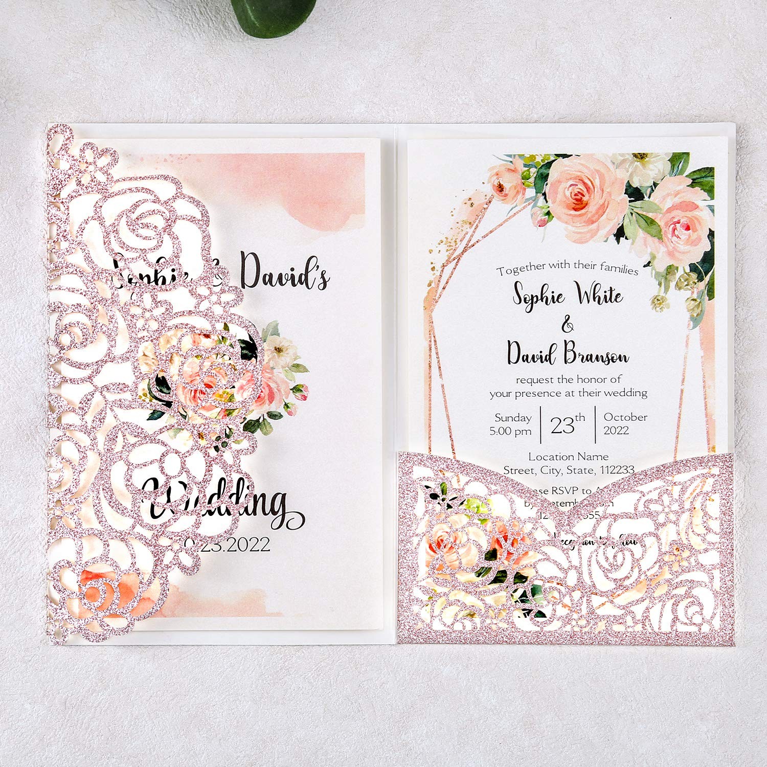 4.7 x7 inch 50PCS Blank Rose Gold Glitter Wedding Invitations Kit Laser Cut H…