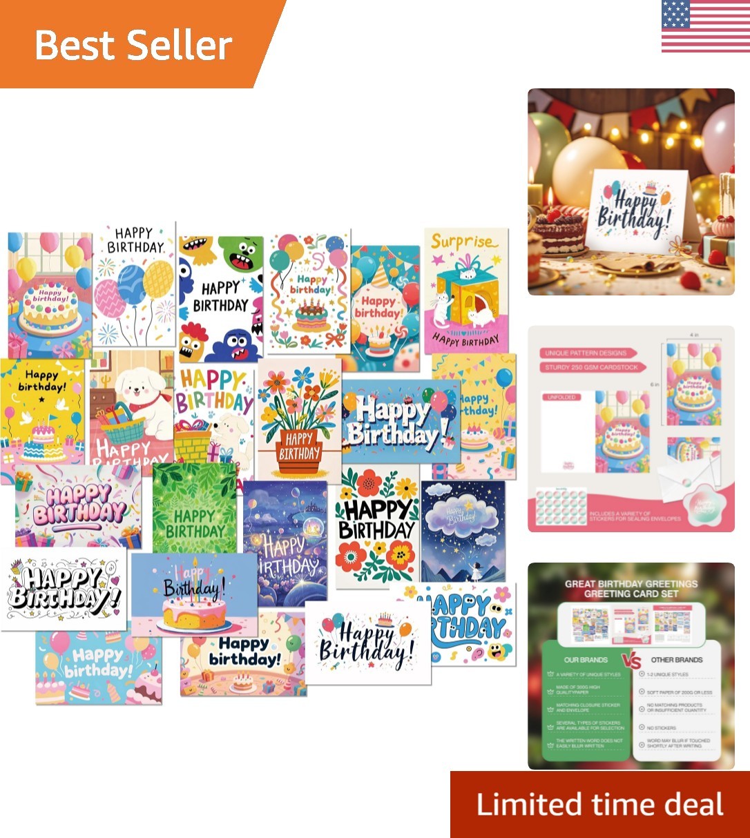 4×6 Inch Bulk Birthday Cards Set – 24 Unique Designs with Stickers & Envelopes