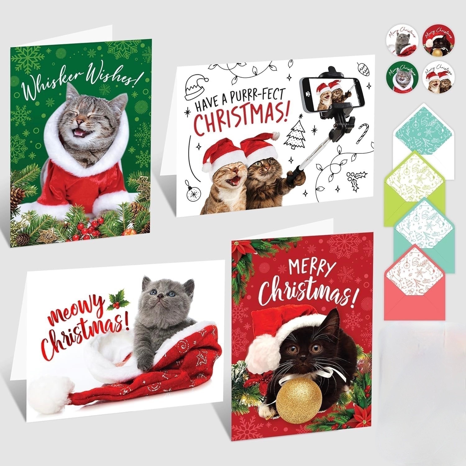 4 MEOWY HOLIDAY GREETINGS 5x7in cat themed /with envelope and stickers