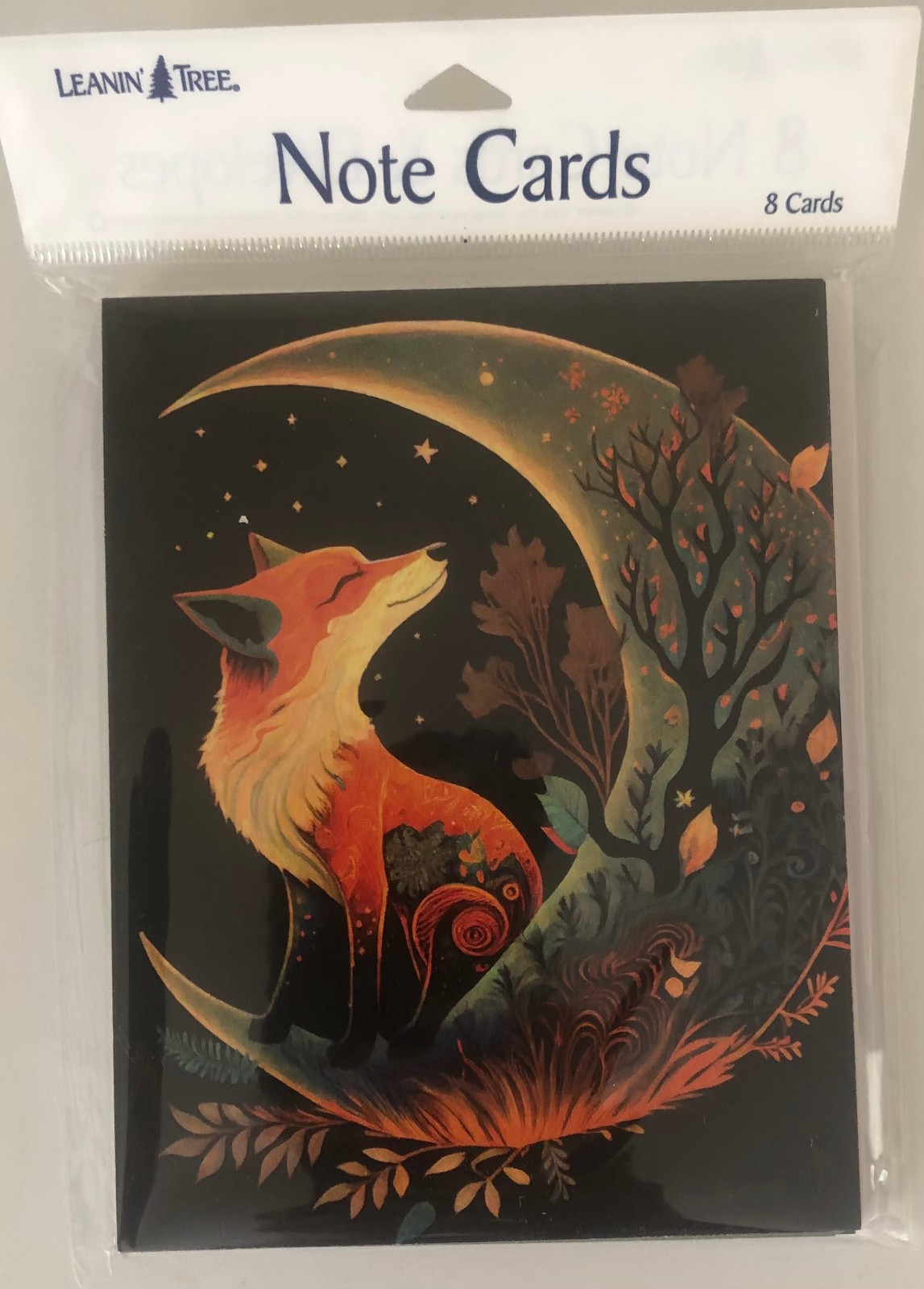 8 Leanin Tree Note Cards – CUTE WHIMSICAL FOX IN NIGHT SKY SITTING IN MOON