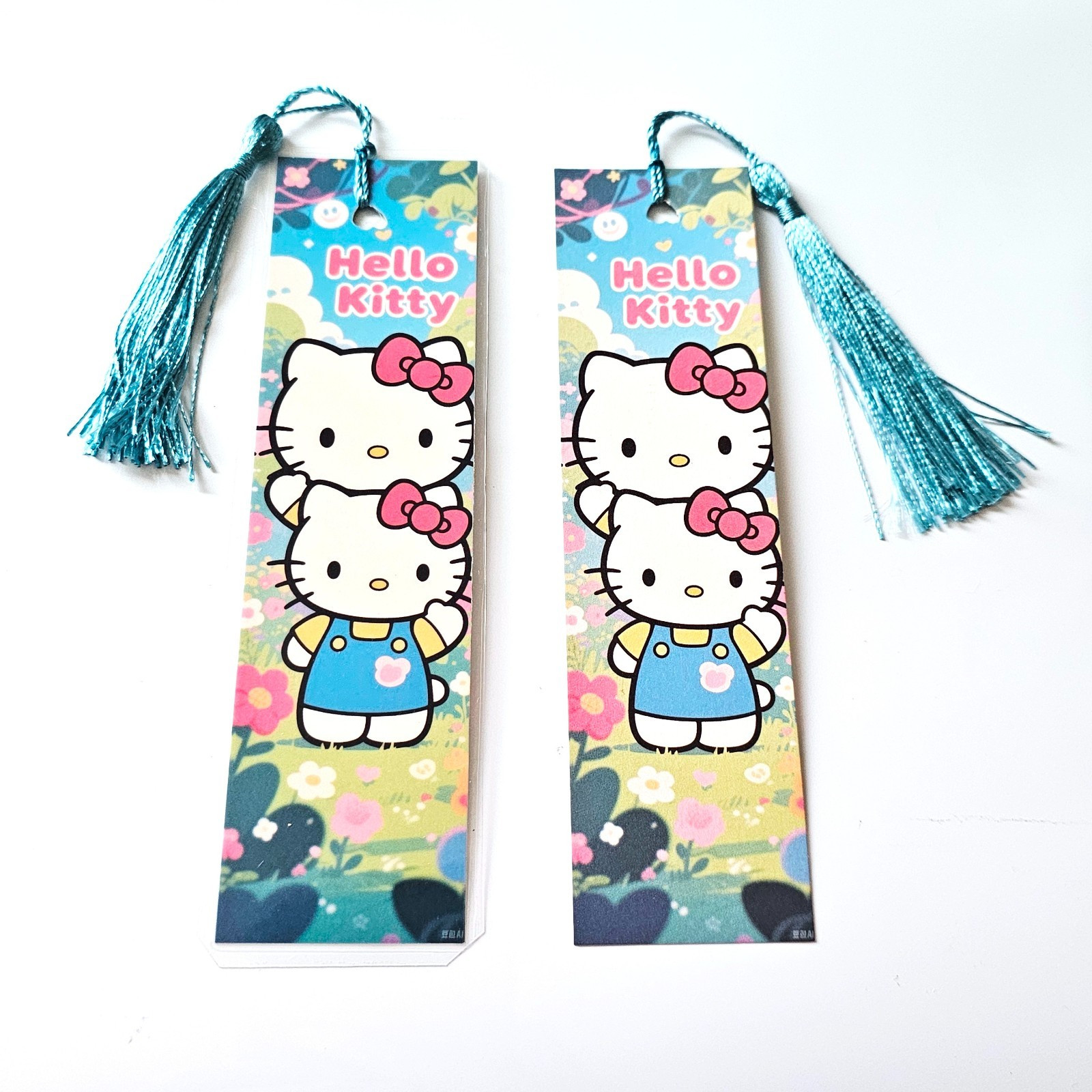 Hello Kitty Bookmark, Teal Floral, Double Kitty, Tassel, Kawaii, Anime, Cartoon