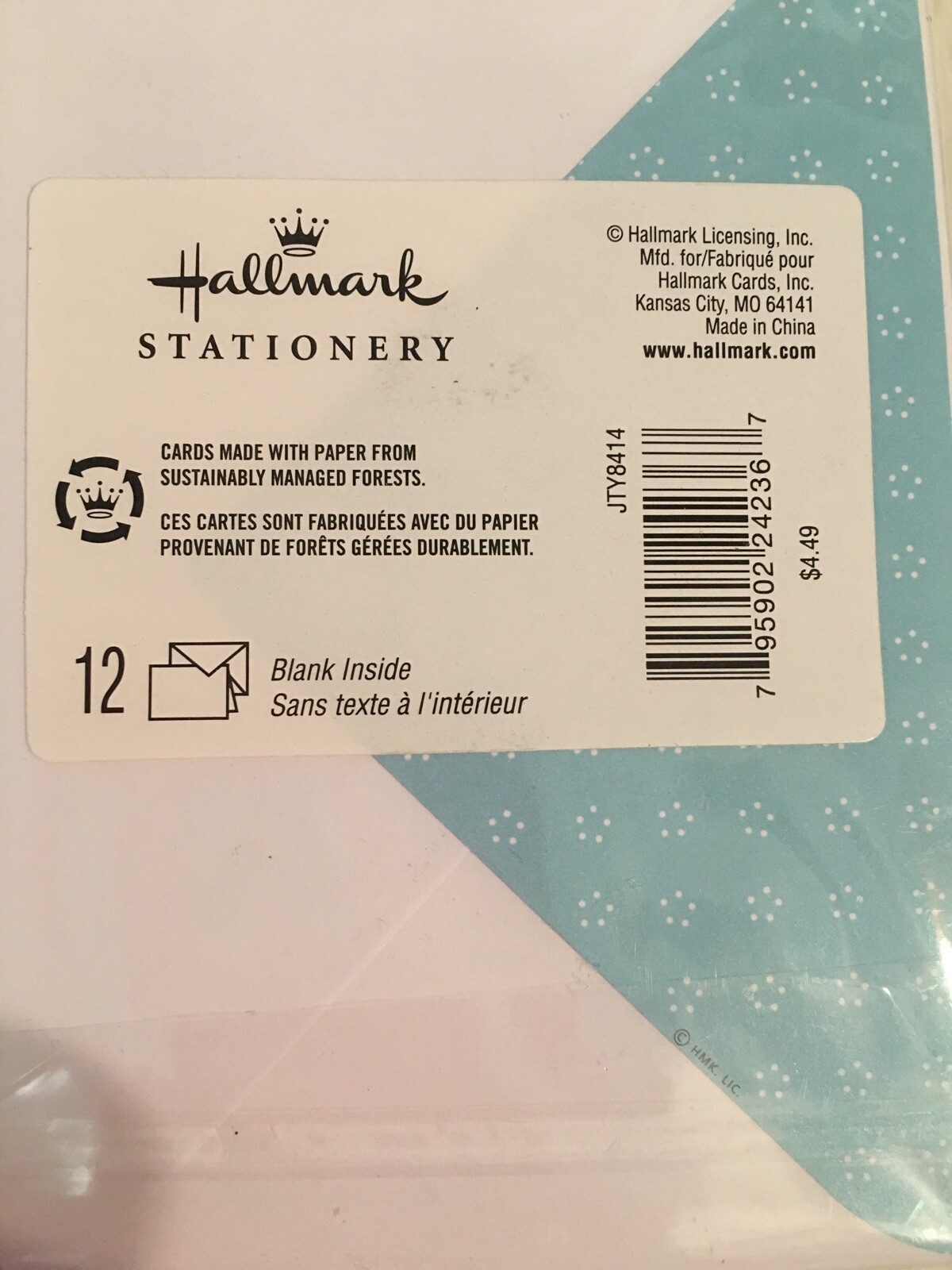 Hallmark Thank You Notes & Envelopes Pack Of 12 Teal White Blank Inside NEW