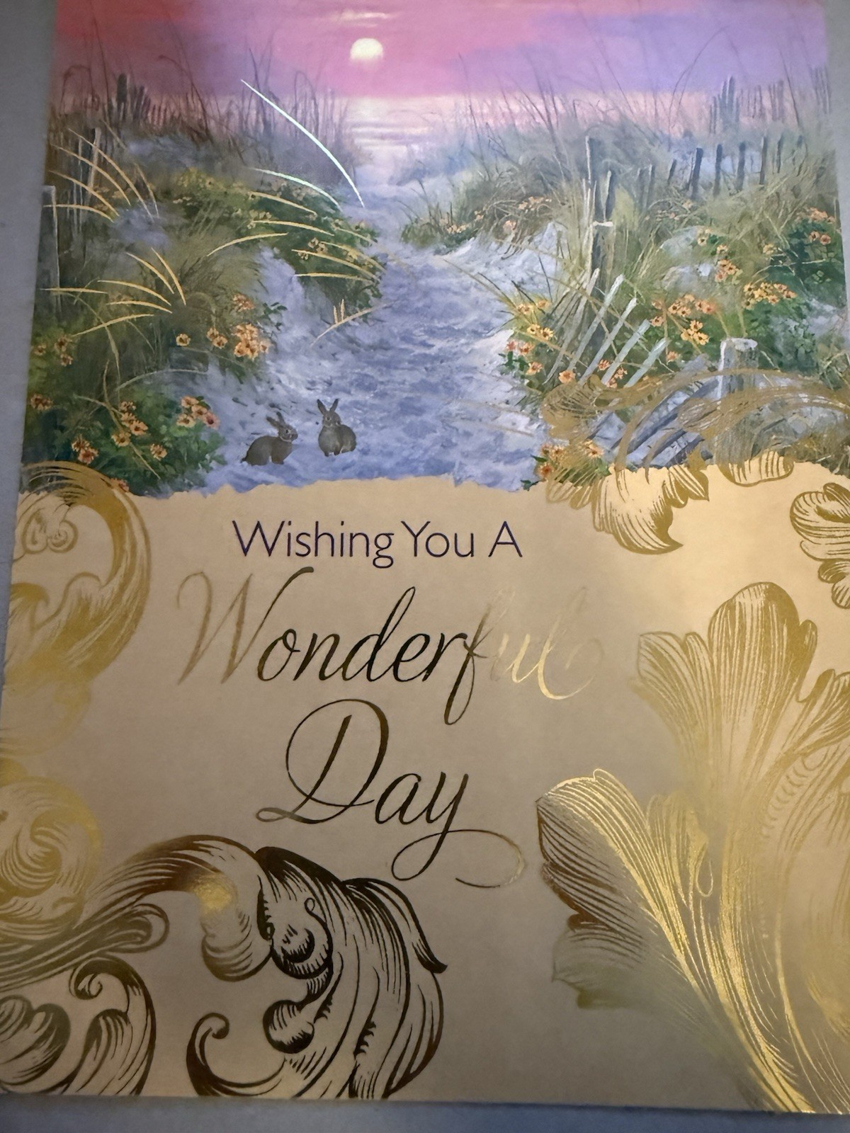 “Wishing you a Wonderful Day” – Beach scene through dunes – Approx 5.5″ X 7.5″