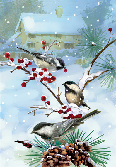 Chickadees on Branches Designer Greetings Christmas Card