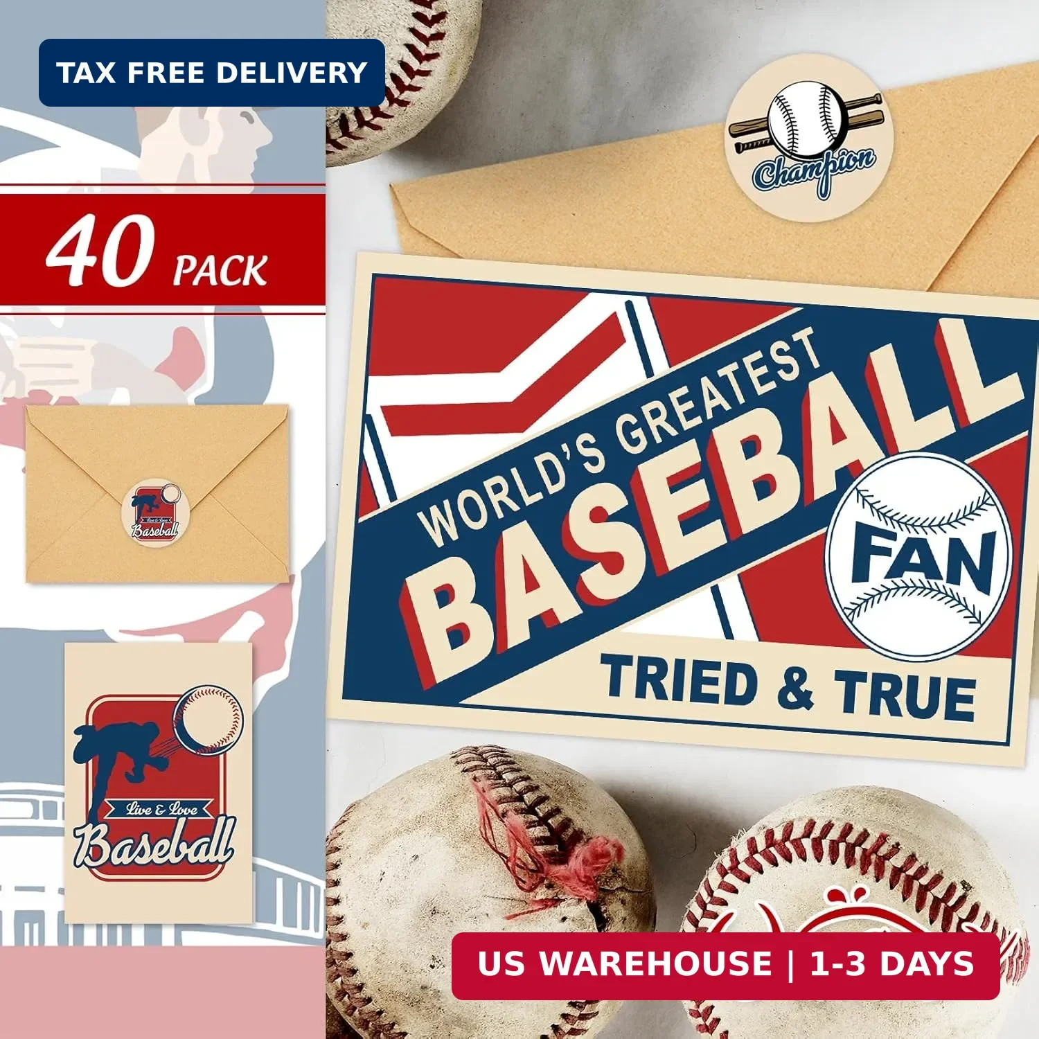 Whaline 40 Pack Vintage Baseball Greeting Cards Bulk 10 Designs Blank Note Cards