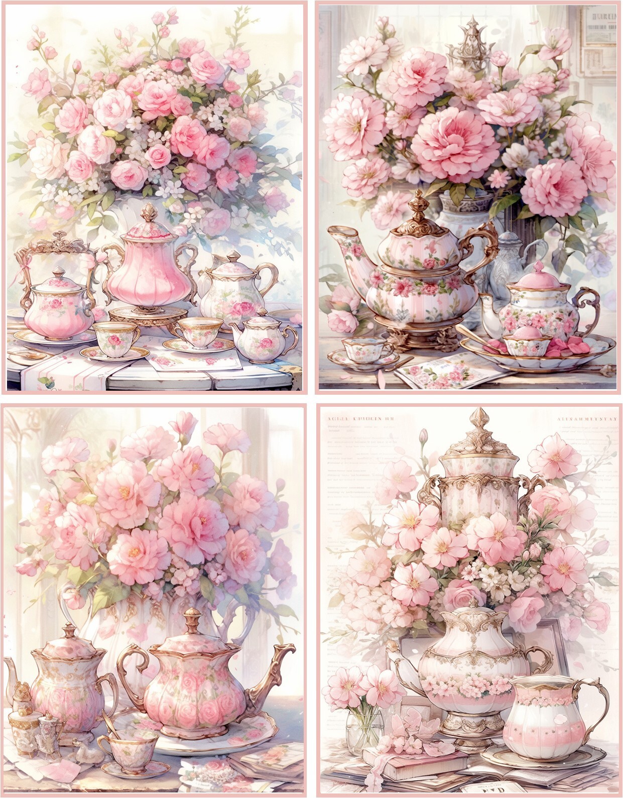 8 Vintage Victorian tea party shabby chic teapot tea cups glossy blank card
