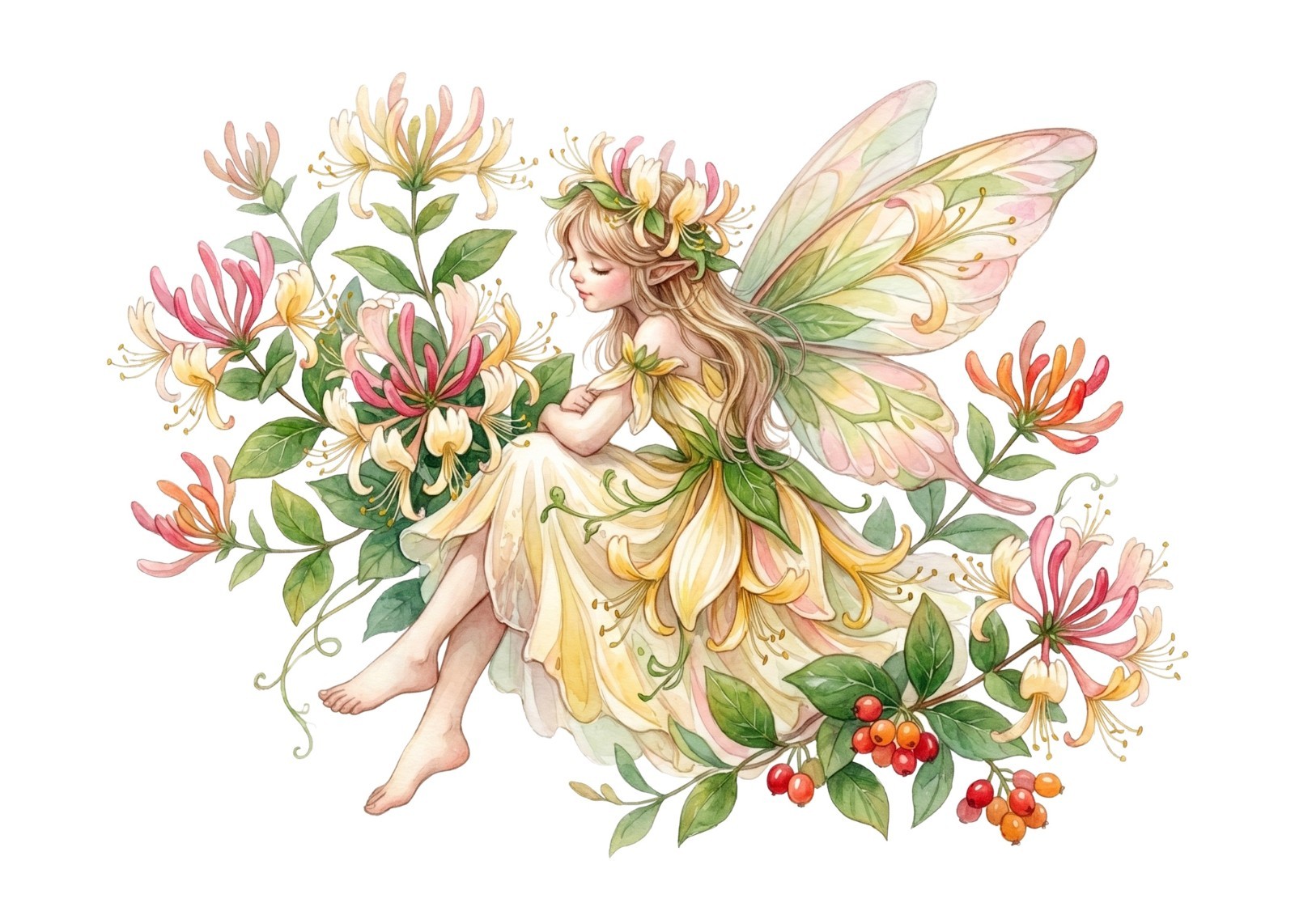 Whimsical Card, Honeysuckle Flower Fairy, June Birthday Flower, 7″x5″