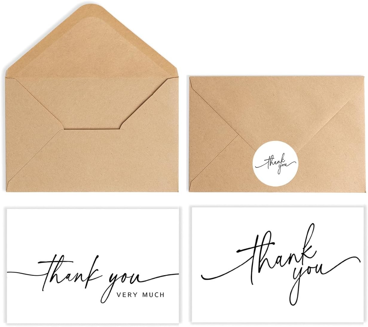 52-Pack Thank You Cards Bulk with Kraft Envelopes & Matching Stickers, 3.5X5 Inc