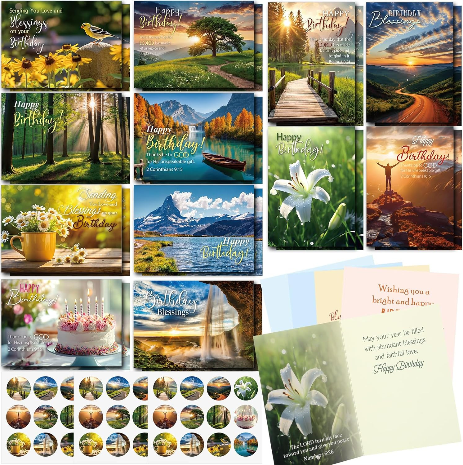 24 Pack Religious Christian Birthday Cards Bulk with Scripture Bible