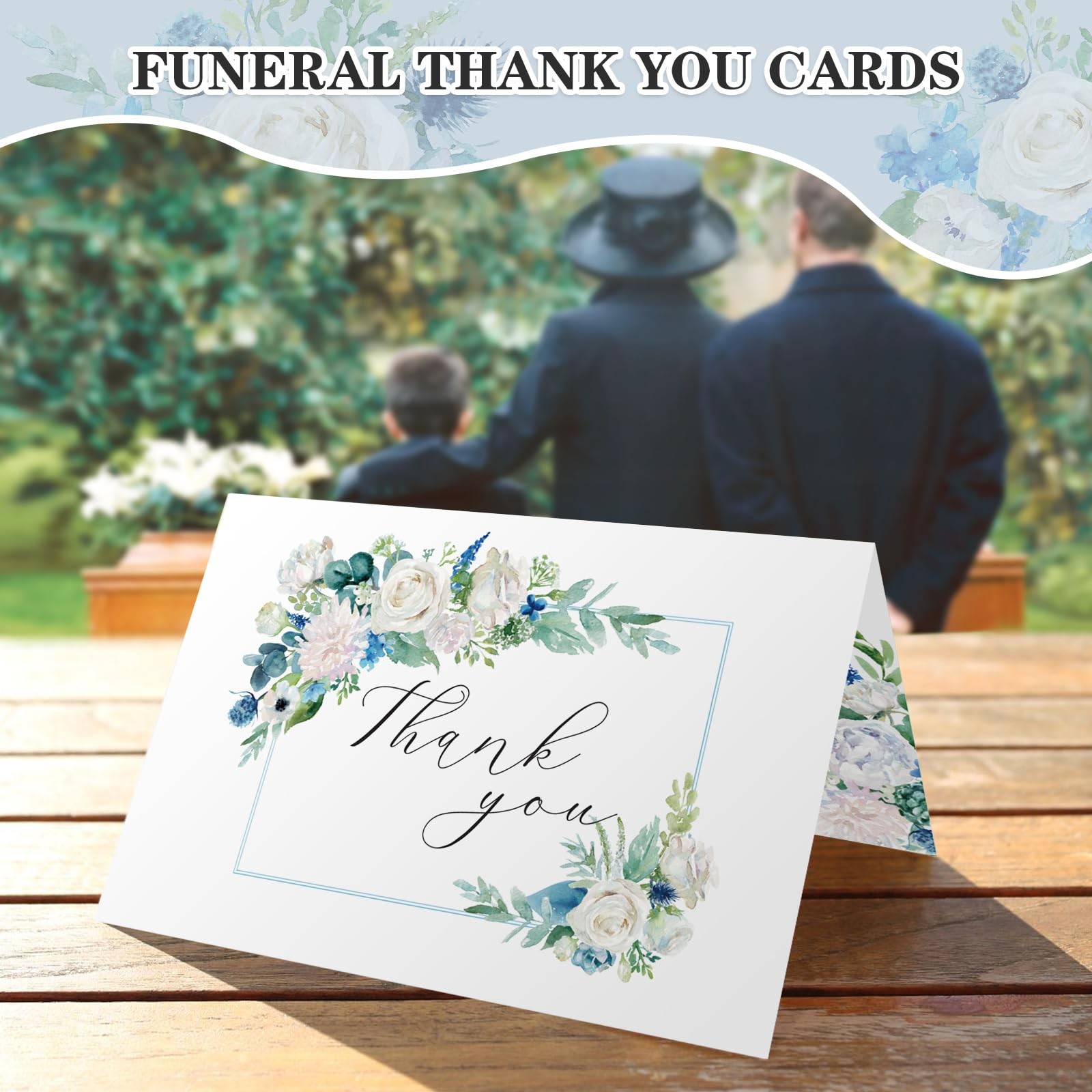 BYBOUS 25 Pack Funeral Thank You Cards with Envelopes 4 x 6 inches, Blue