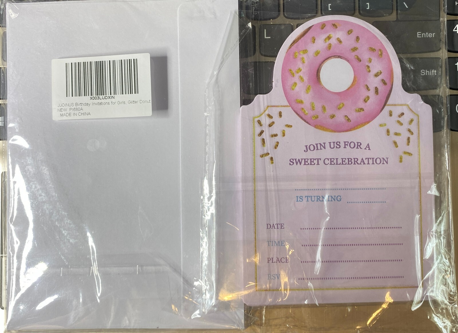 Pink Glitter Donut Birthday Party Invitations for Girls, (Including Envelopes) 2