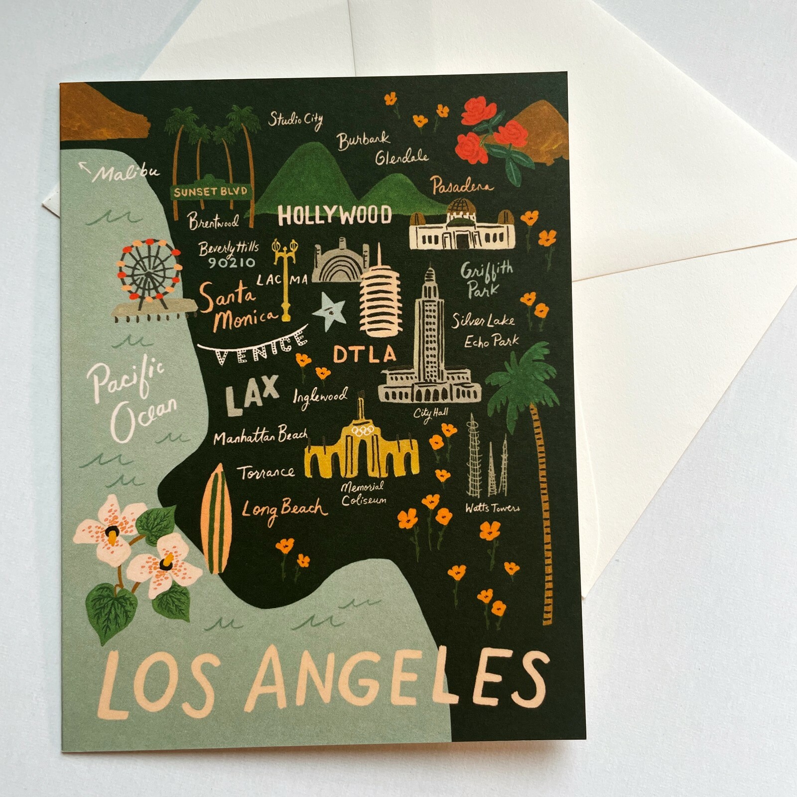 RIFLE PAPER CO. Greeting Card & Envelope – “LA” Travel, Map Illustration A2