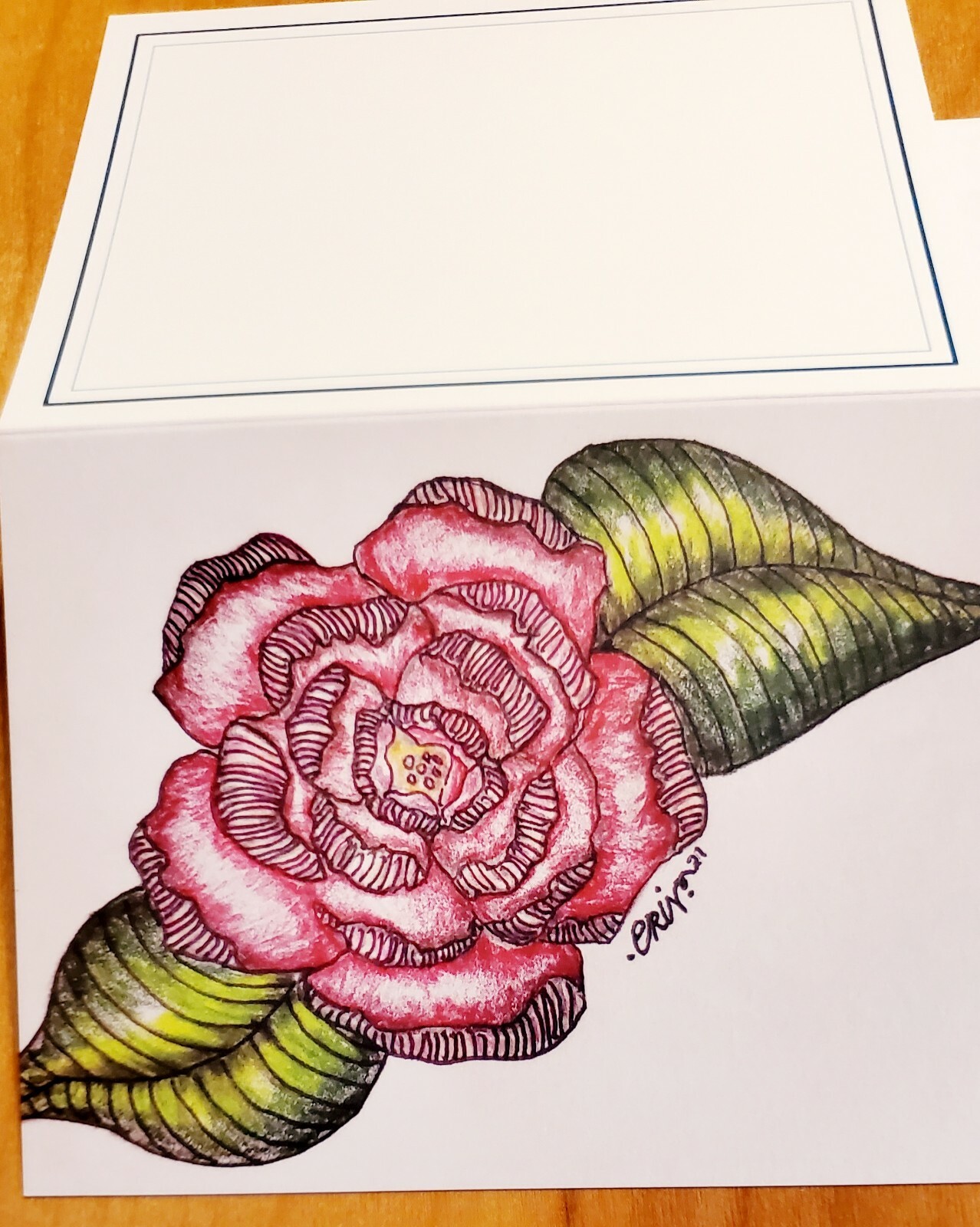 Notecard Original Print Camellia Rose W/Envelope & 4 Matching Seals