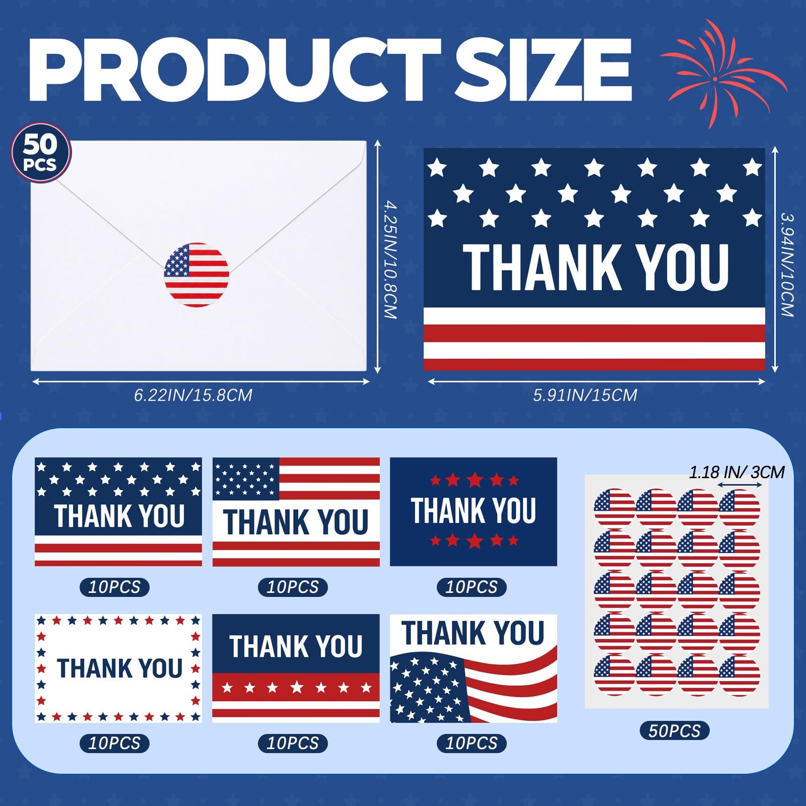 50 Pack Patriotic Thank You Greeting Cards with Envelopes and Seal Stickers, 5 D