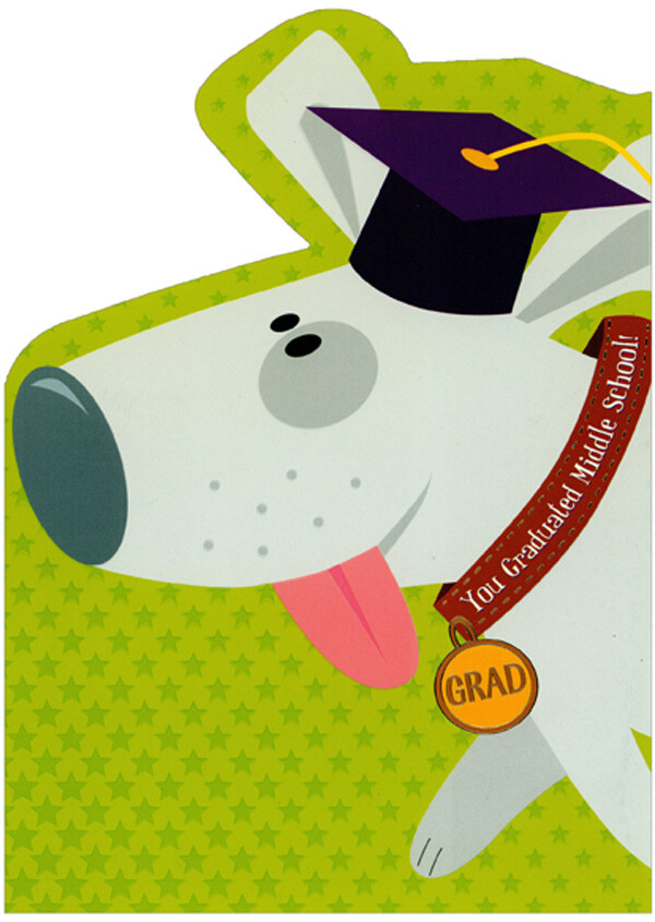 Die Cut Grey Dog Brown Collar Orange GRAD Tag Middle School Graduation Card