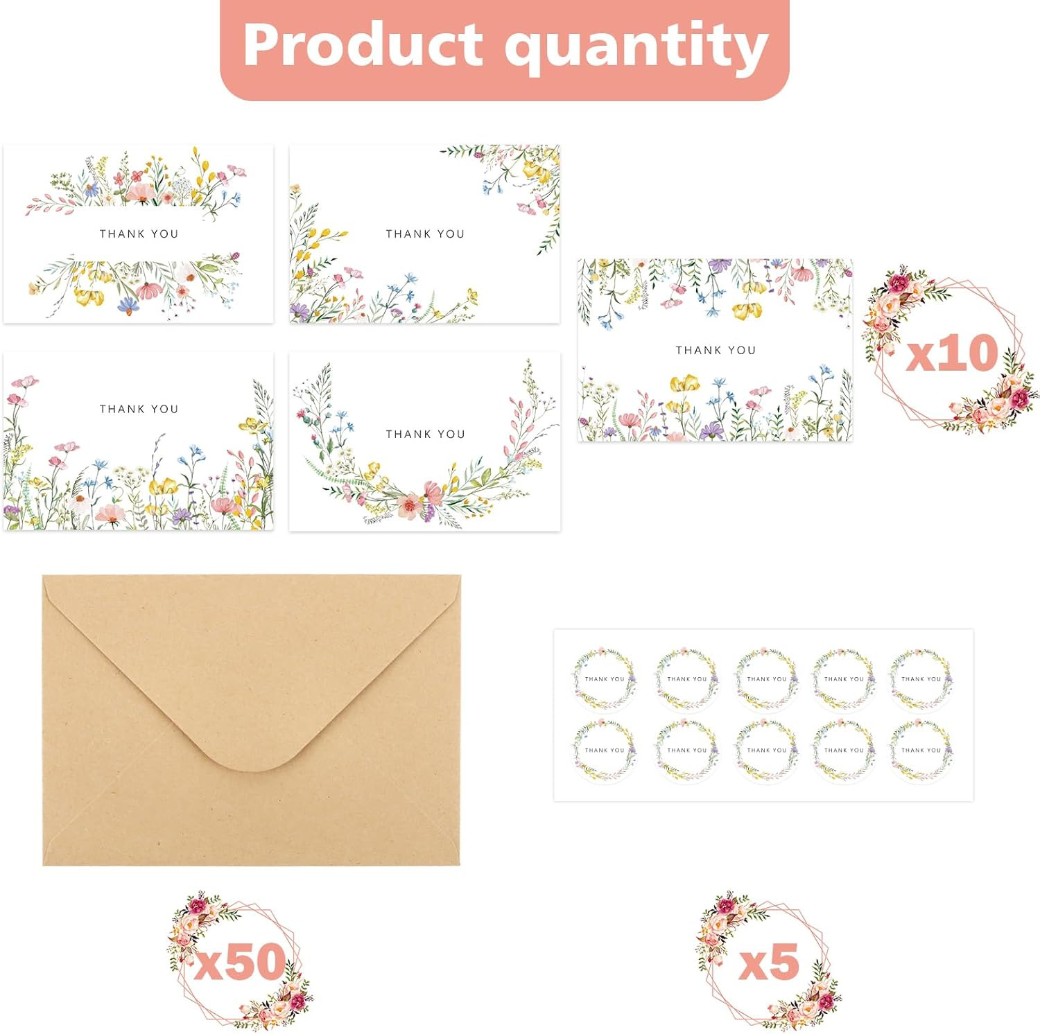 50 Packs Floral Thank You Cards with Envelopes & Stickers 4X6 in Wildflower