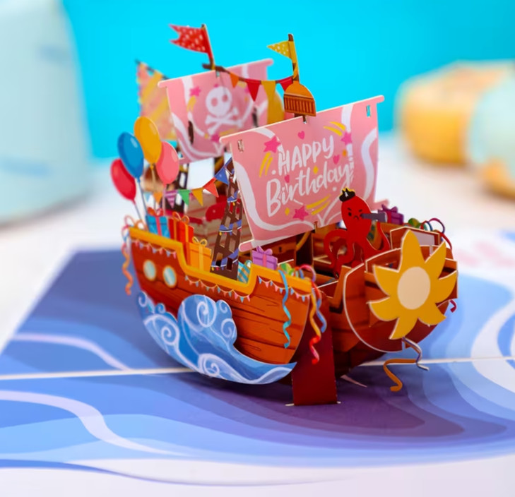 3D Pop-Up Birthday Greeting Card, Env. Note & Seal Pirate Ship w Balloons & Gift