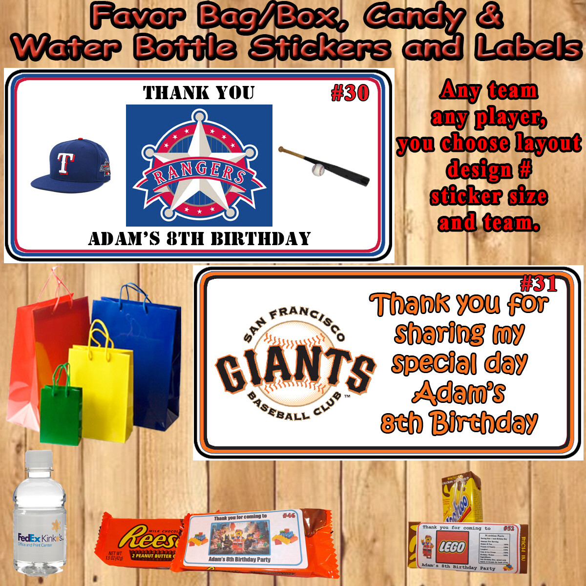Baseball MLB Birthday Favor Stickers Address Labels Any Team Any Player Perszed