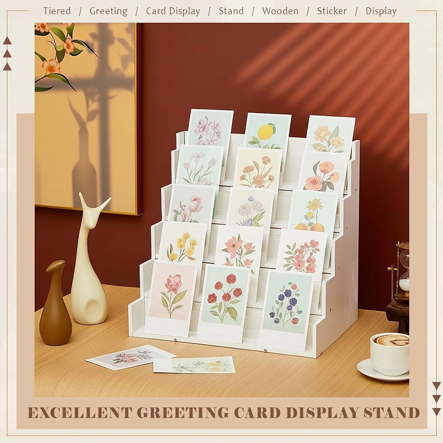 White Bamboo 5 Tier Greeting Card Display Stand
