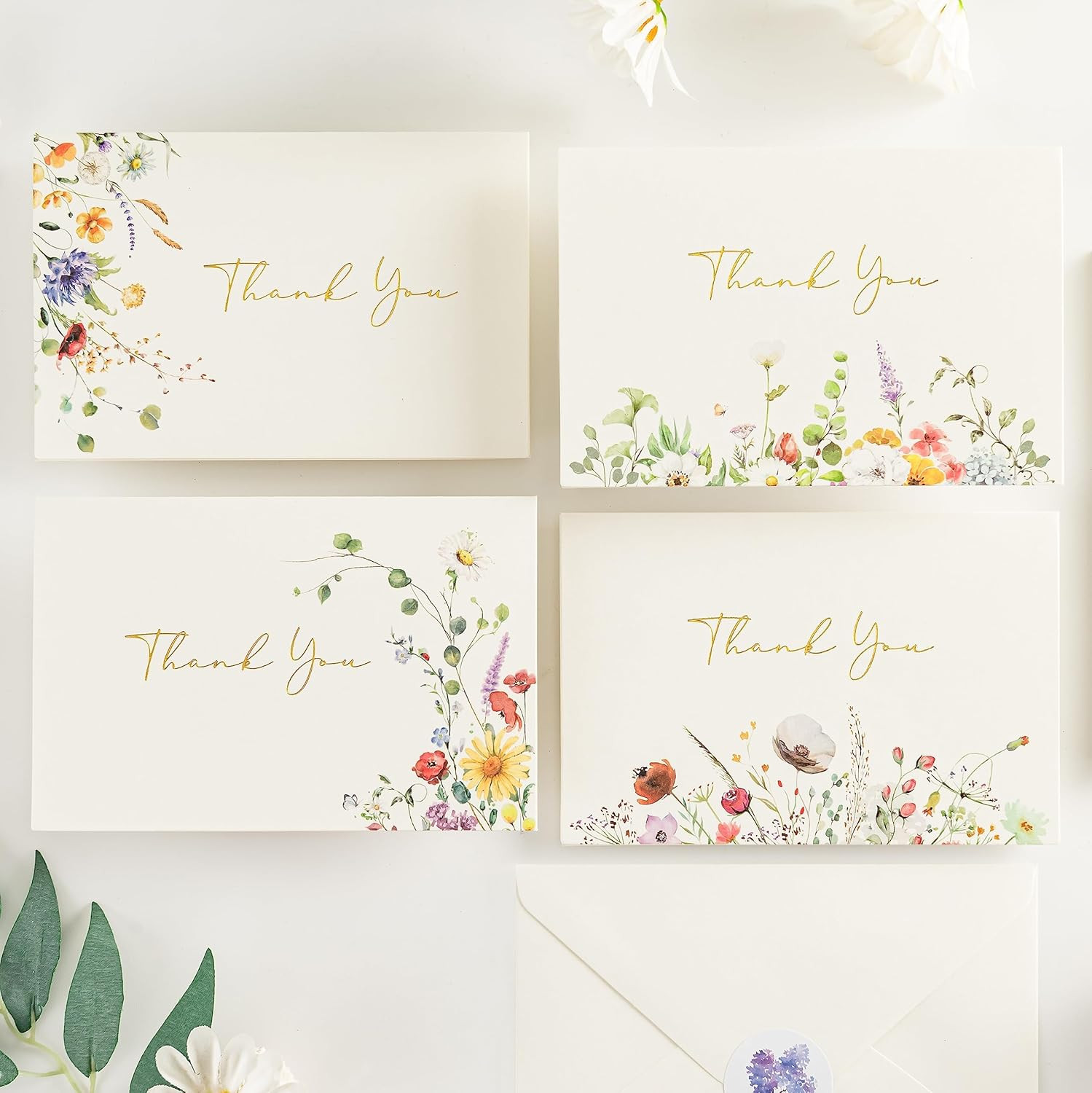 Thank You Cards 4 Assortment, Gold Foil Watercolor Wildflowers (50 Cards with En