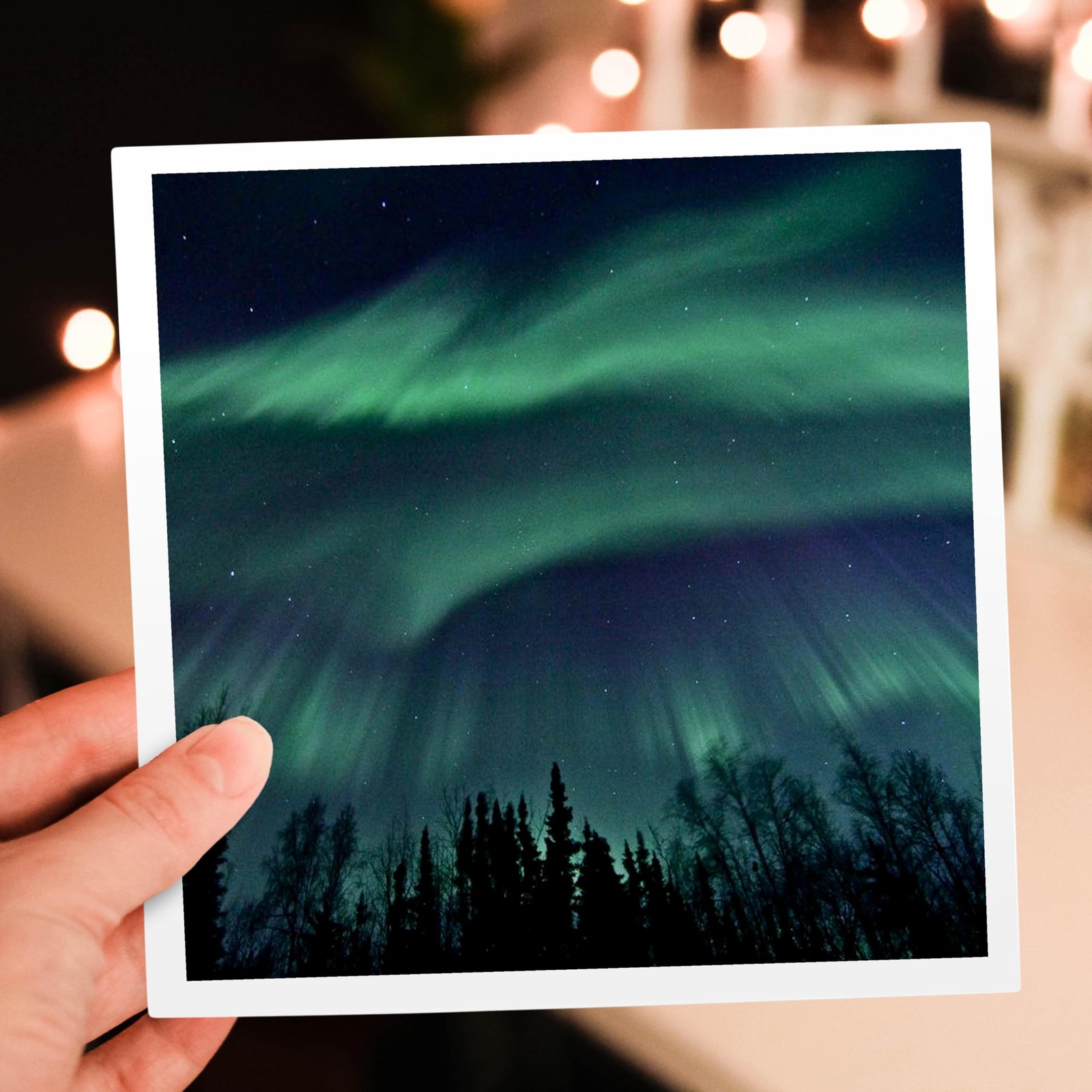 Northern Lights in Shade of GreenAmongst Blue NightSkyGreeting Card 6 x 6 inches